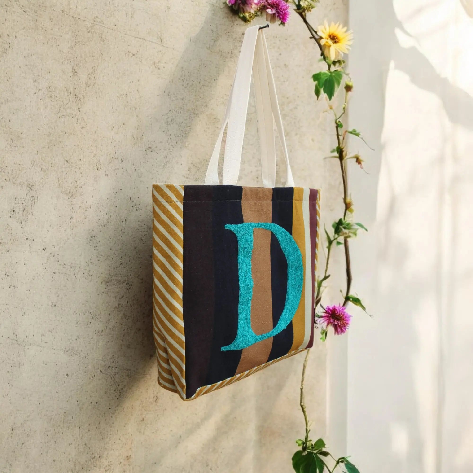 House of Omaya ( D )Alphabet Printed Customizable Embroidery Name Initial Canvas Tote bag 34x36 cm. Personalized tote bag Name Initial tote bag - 