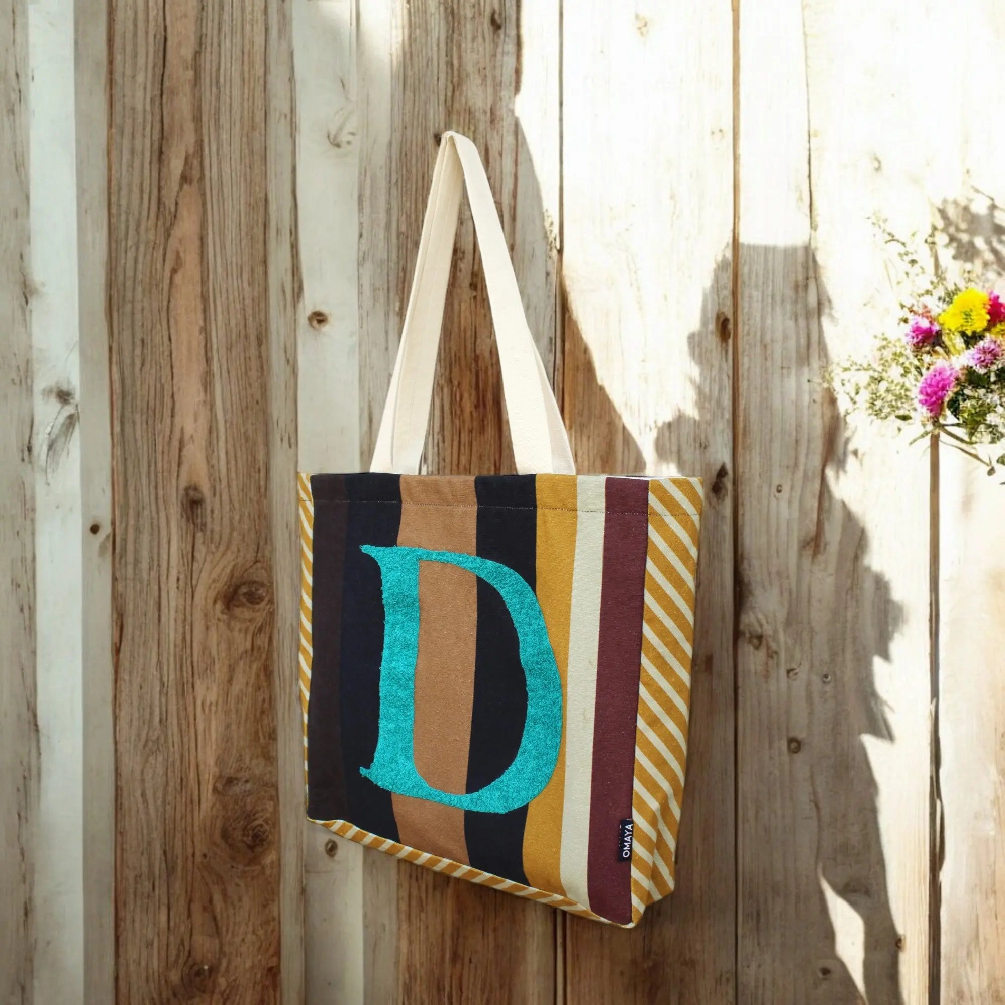 House of Omaya ( D )Alphabet Printed Customizable Embroidery Name Initial Canvas Tote bag 34x36 cm. Personalized tote bag Name Initial tote bag - 