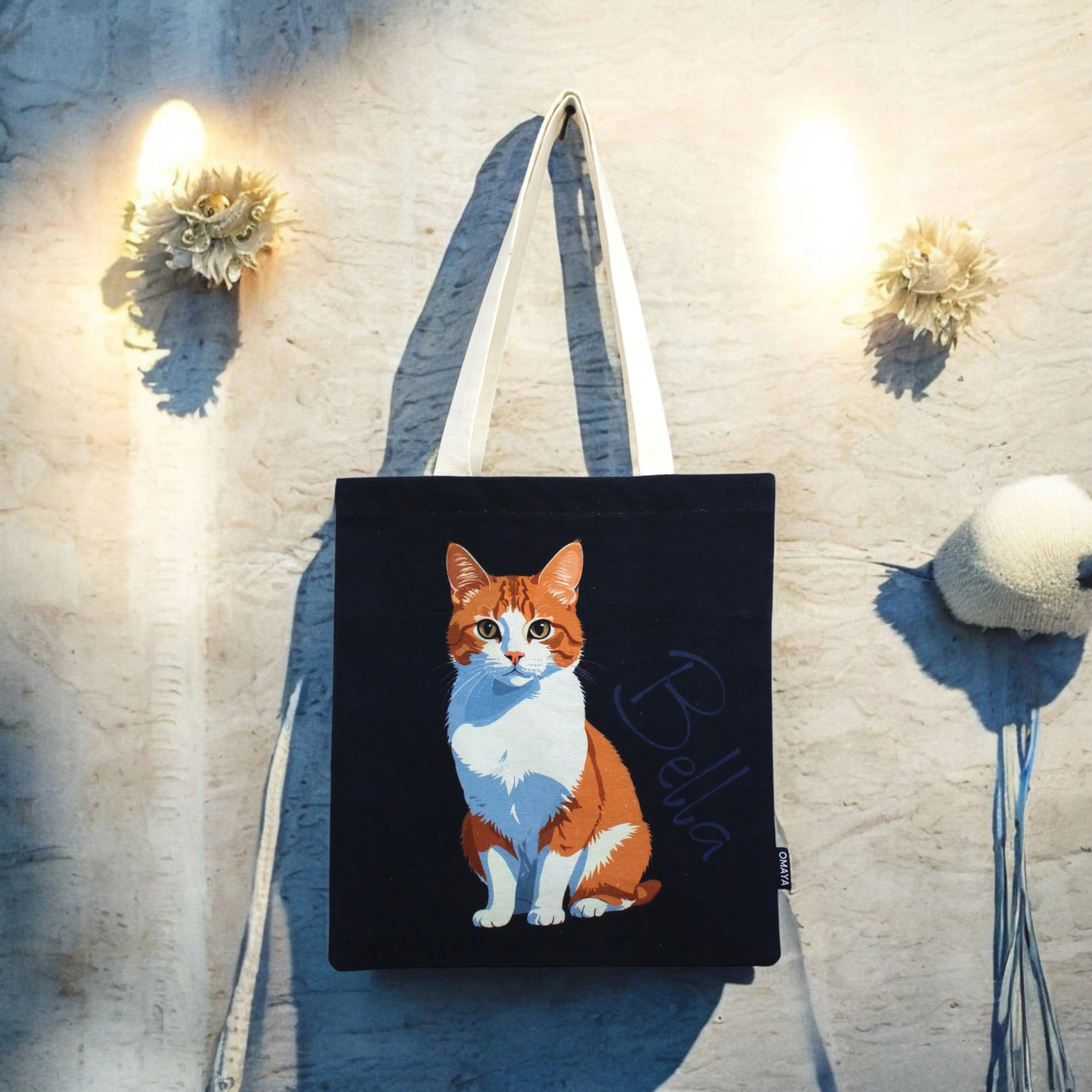 House of Omaya Cotton Canvas "Personalized Cat Print Tote Bag - Bella Design" Product vendor
