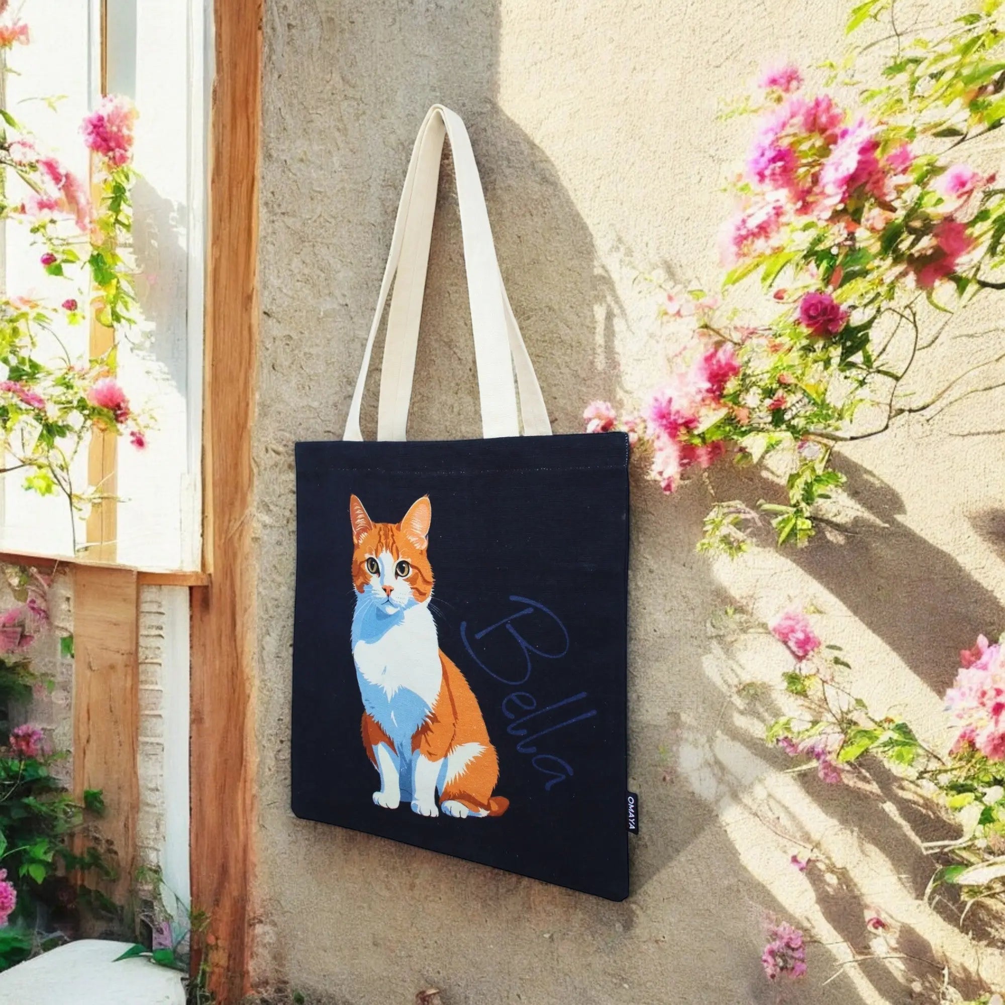 House of Omaya Cotton Canvas "Personalized Cat Print Tote Bag - Bella Design" Product vendor