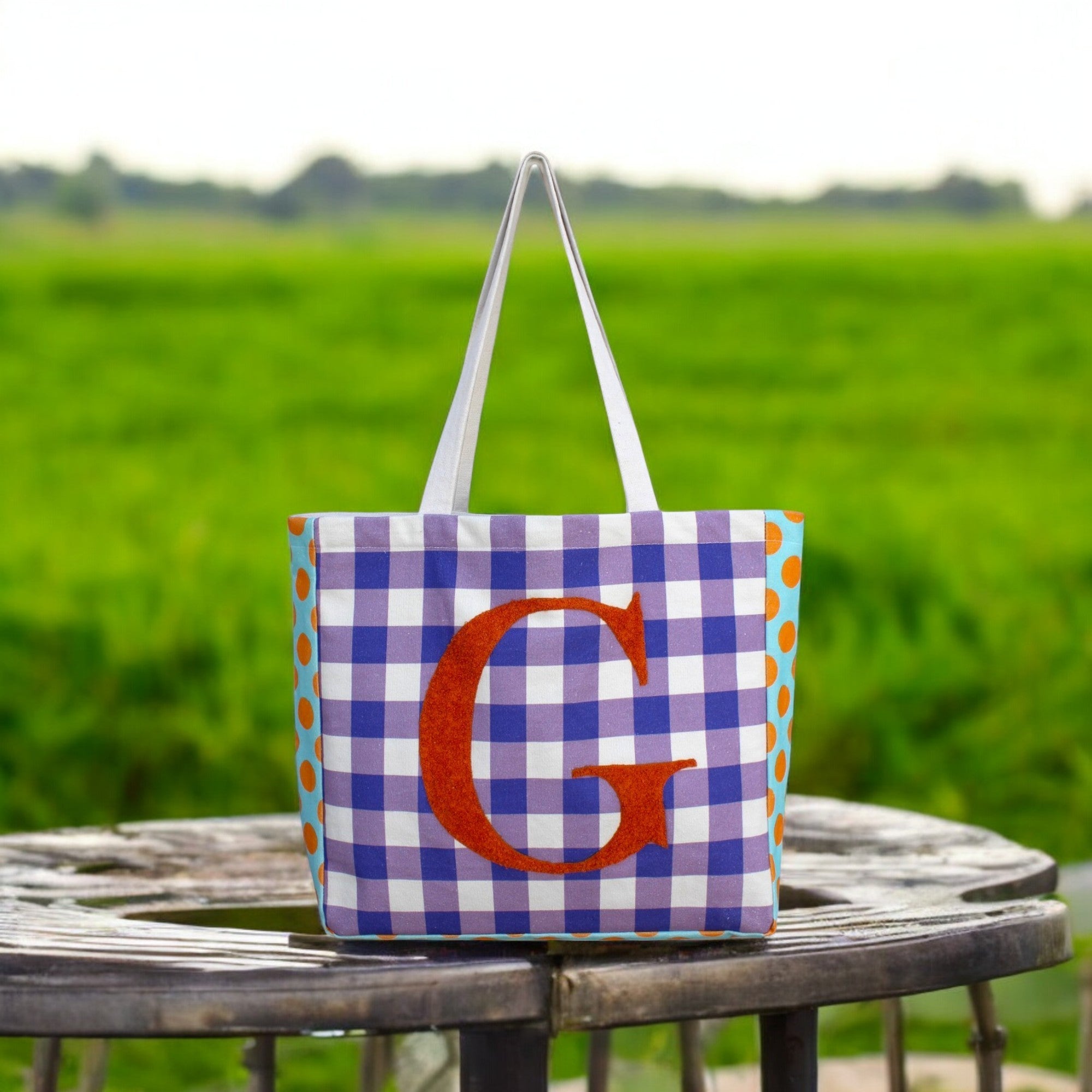 House of Omaya ( G )Alphabet Printed Customizable Embroidery Name Initial Canvas Tote bag 34x36 cm. Personalized tote bag Name Initial tote bag