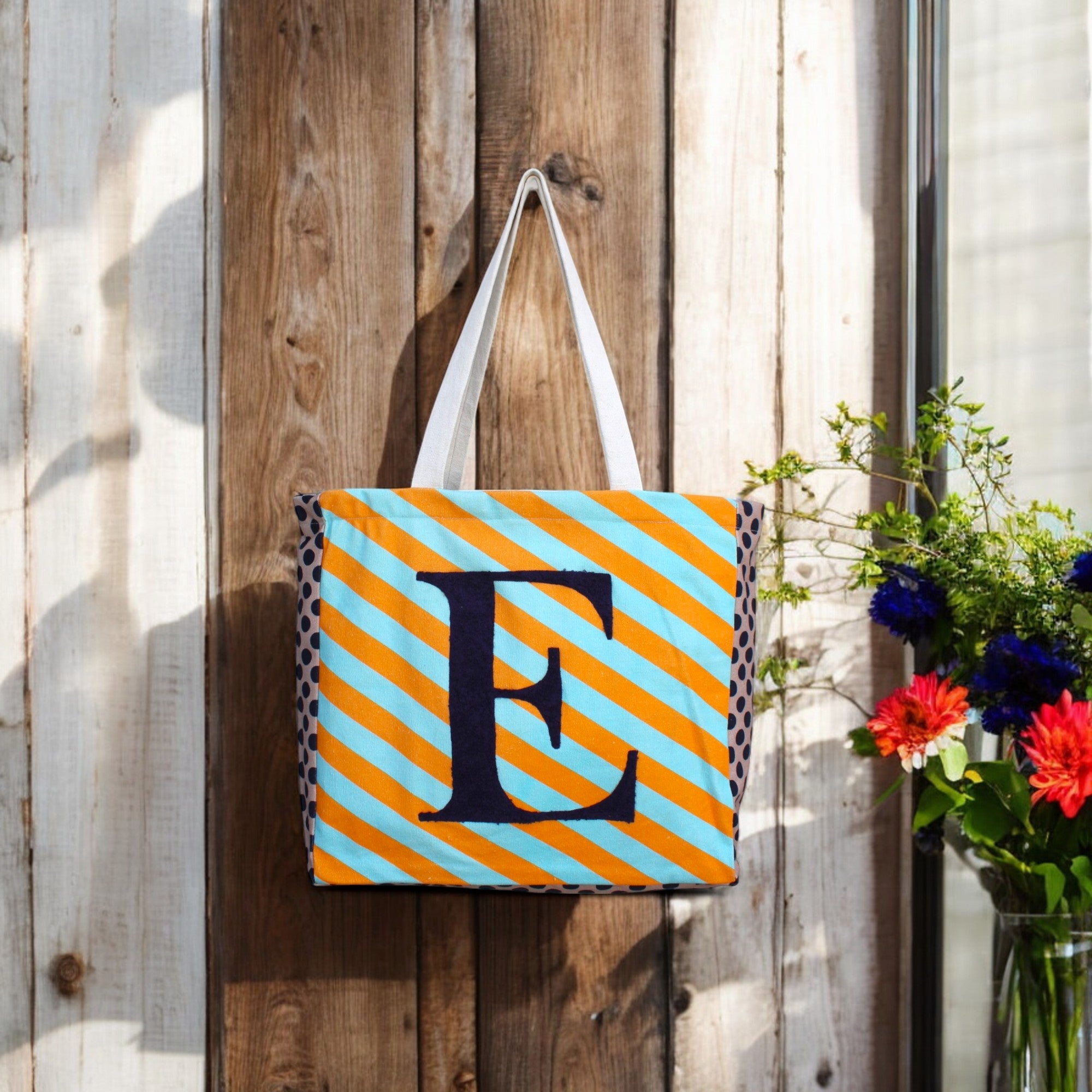 House of Omaya (E) Alphabet Striped Canvas Tote Bag – Personalized & Stylish Everyday Carry