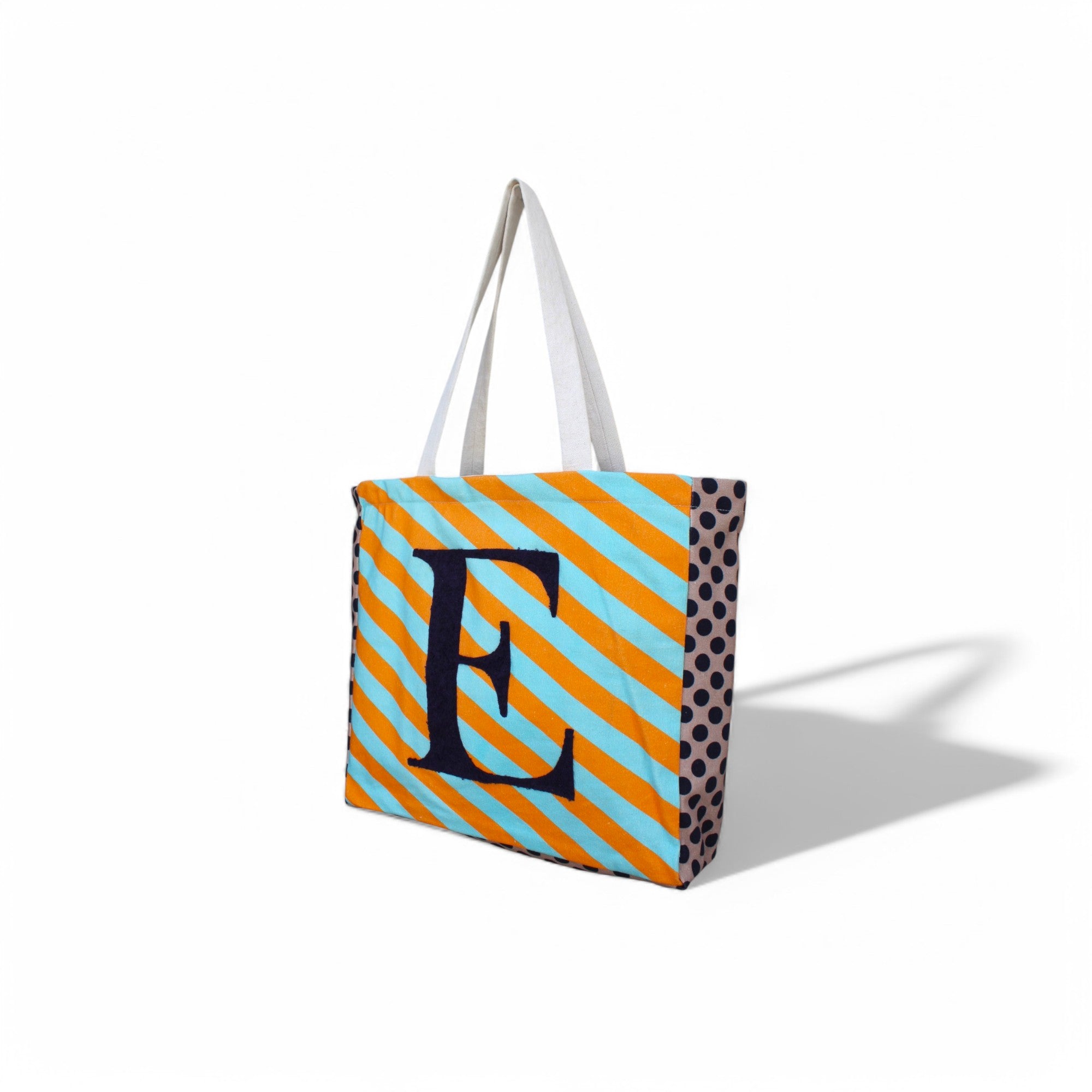 House of Omaya (E) Alphabet Striped Canvas Tote Bag – Personalized & Stylish Everyday Carry