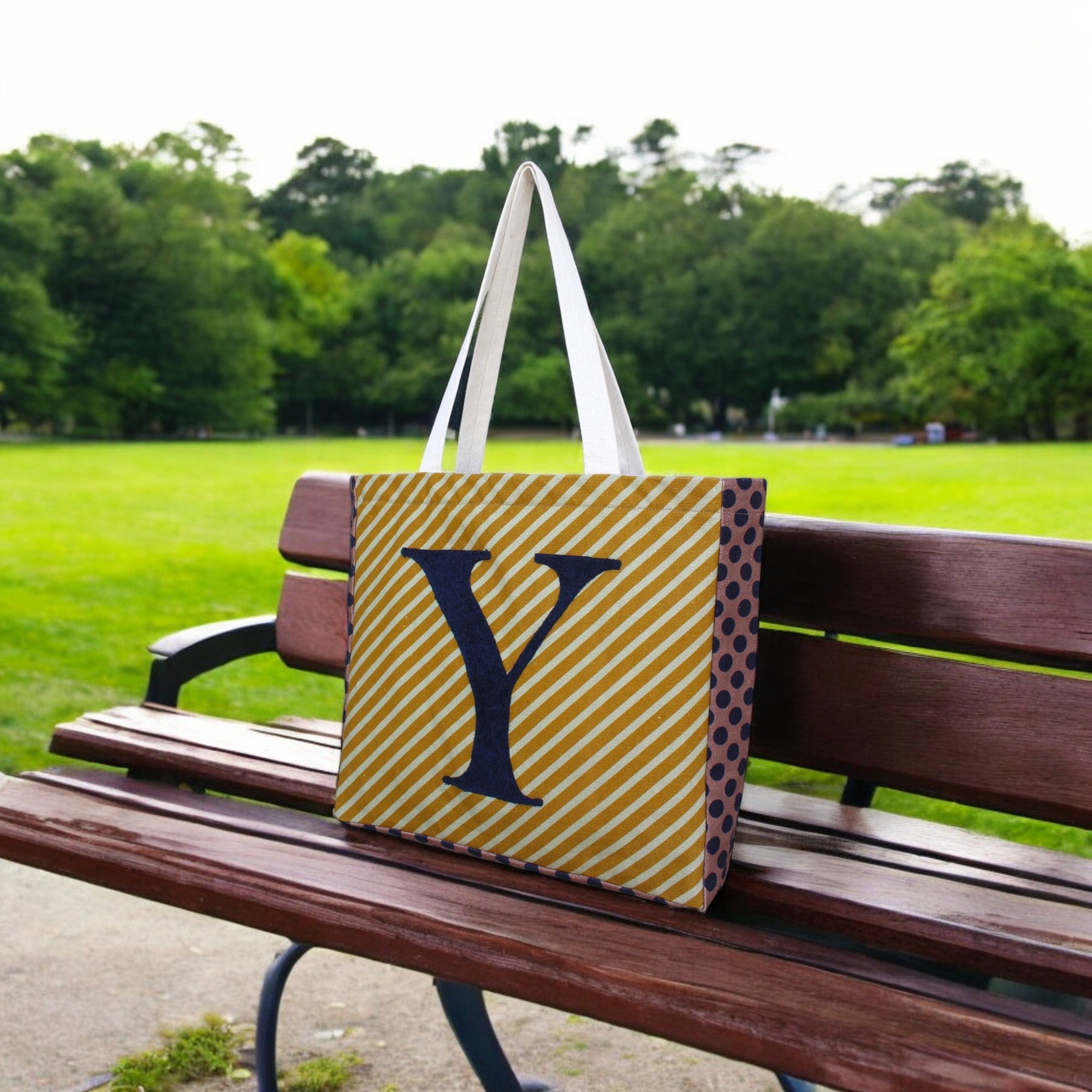 House of Omaya ( Y )Alphabet Printed Customizable Embroidery Name Initial Canvas Tote bag 34x36 cm. Personalized tote bag Name Initial tote bag