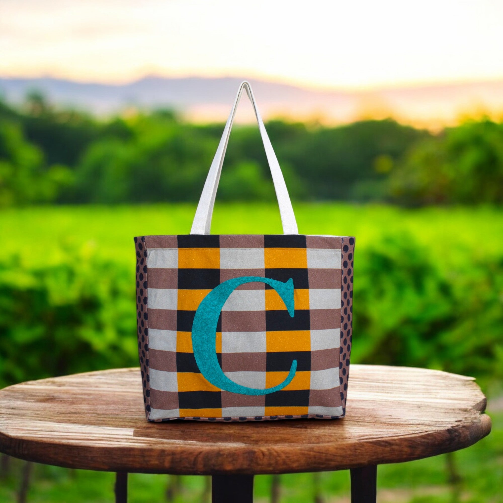 House of Omaya ( C )Alphabet Printed Customizable Embroidery Name Initial Canvas Tote bag 34x36 cm. Personalized tote bag Name Initial tote bag