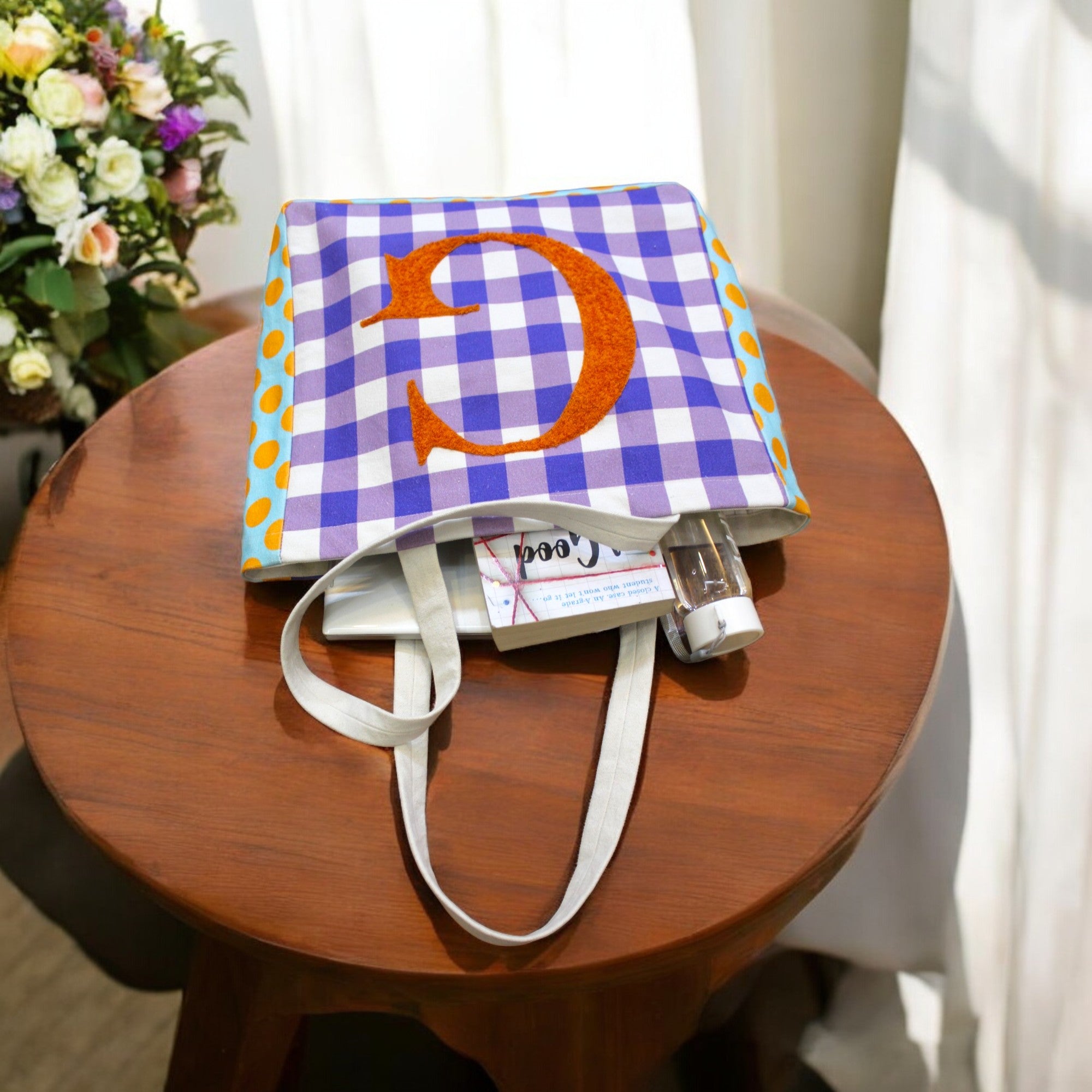 House of Omaya ( G )Alphabet Printed Customizable Embroidery Name Initial Canvas Tote bag 34x36 cm. Personalized tote bag Name Initial tote bag