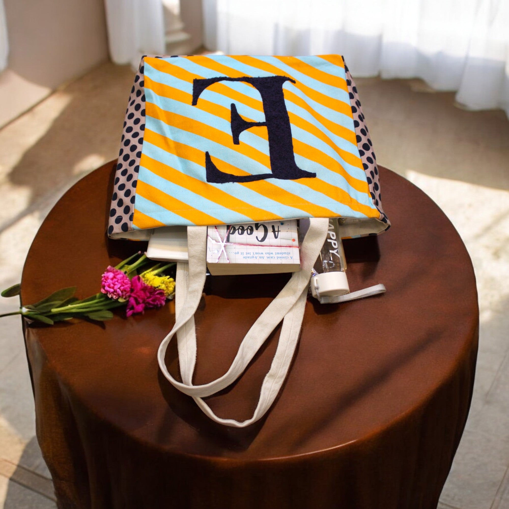 House of Omaya (E) Alphabet Striped Canvas Tote Bag – Personalized & Stylish Everyday Carry