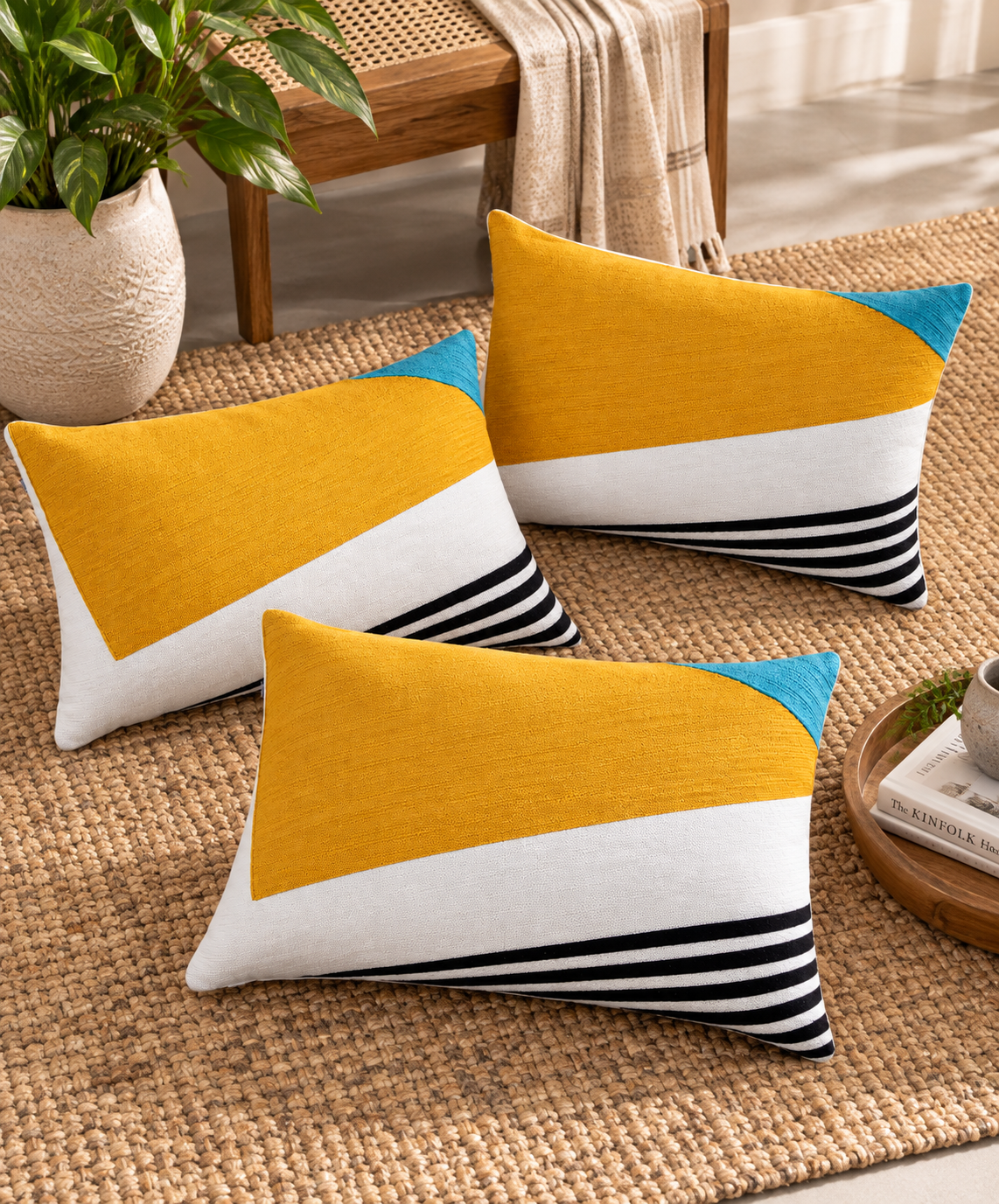 Geo Diagonal Stripes Embroidered Cushion Cover 30X50 Cms