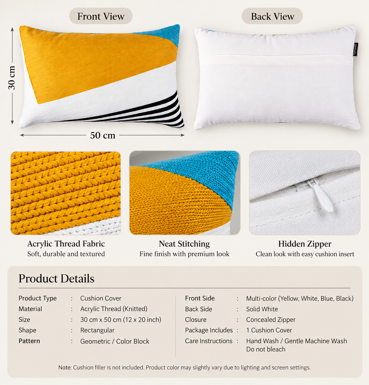 Geo Diagonal Stripes Embroidered Cushion Cover 30X50 Cms