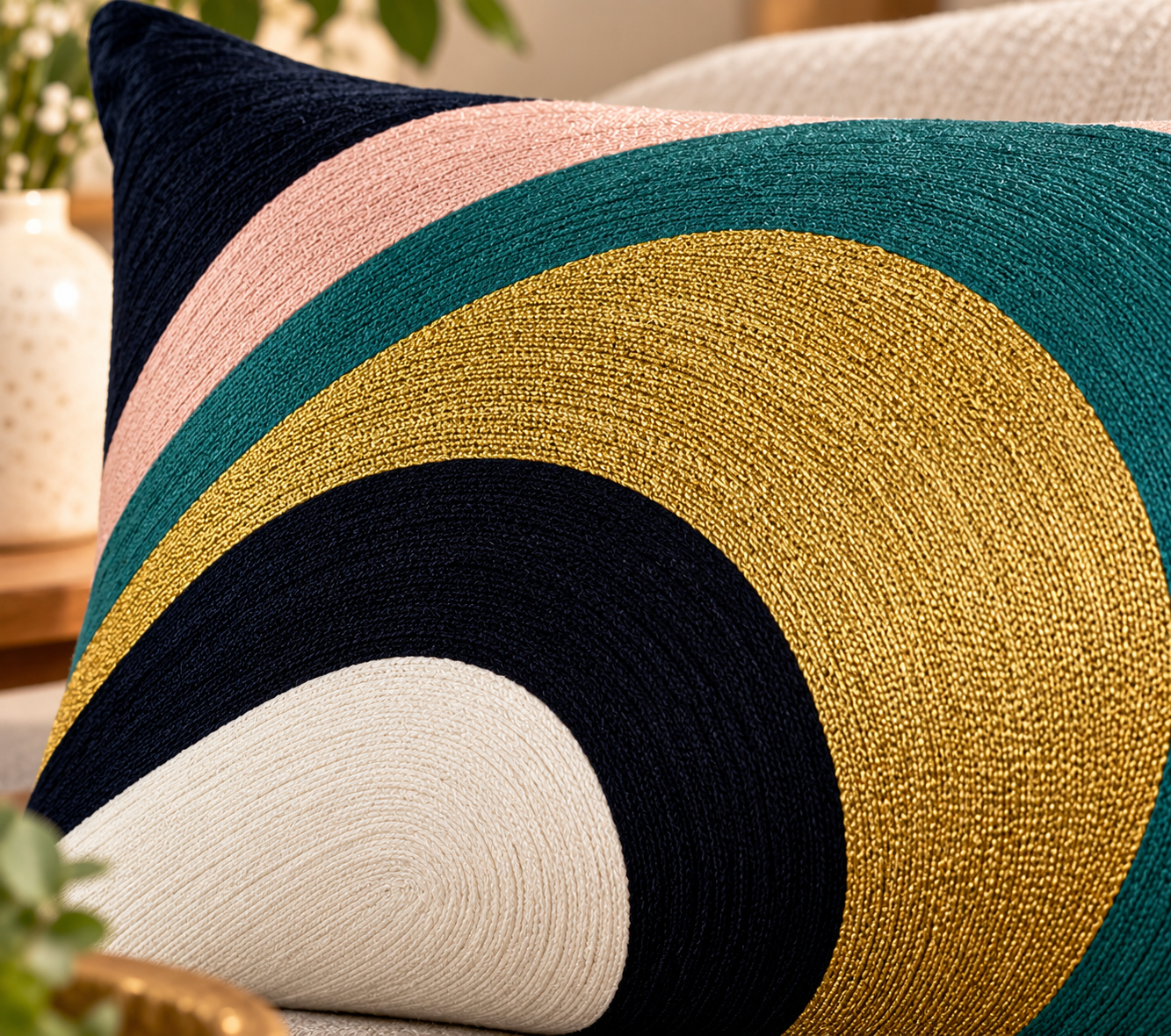 Elliptical Pattern Embroidered Cushion Cover 30X50 Cms
