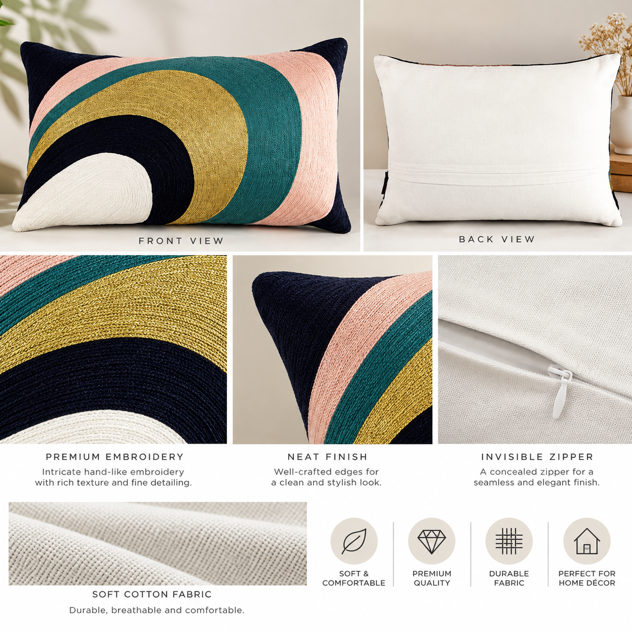 Elliptical Pattern Embroidered Cushion Cover 30X50 Cms