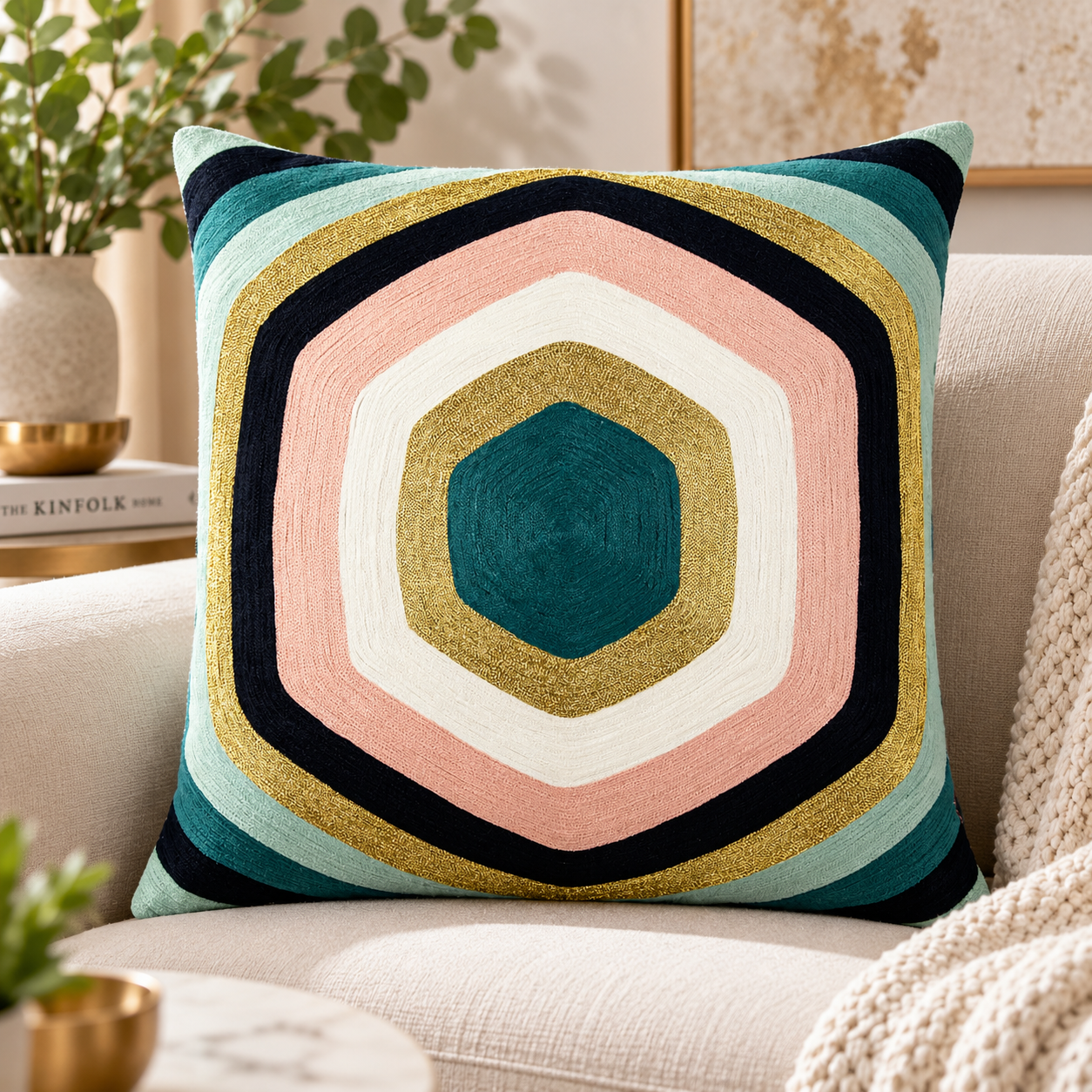 Curved Hexagon Embroidered Cushion Cover Size 50X50Cms