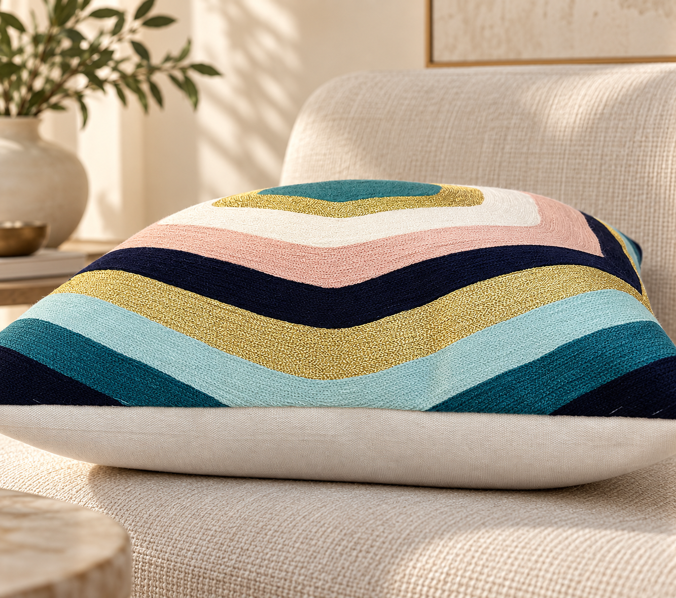 Curved Hexagon Embroidered Cushion Cover Size 50X50Cms