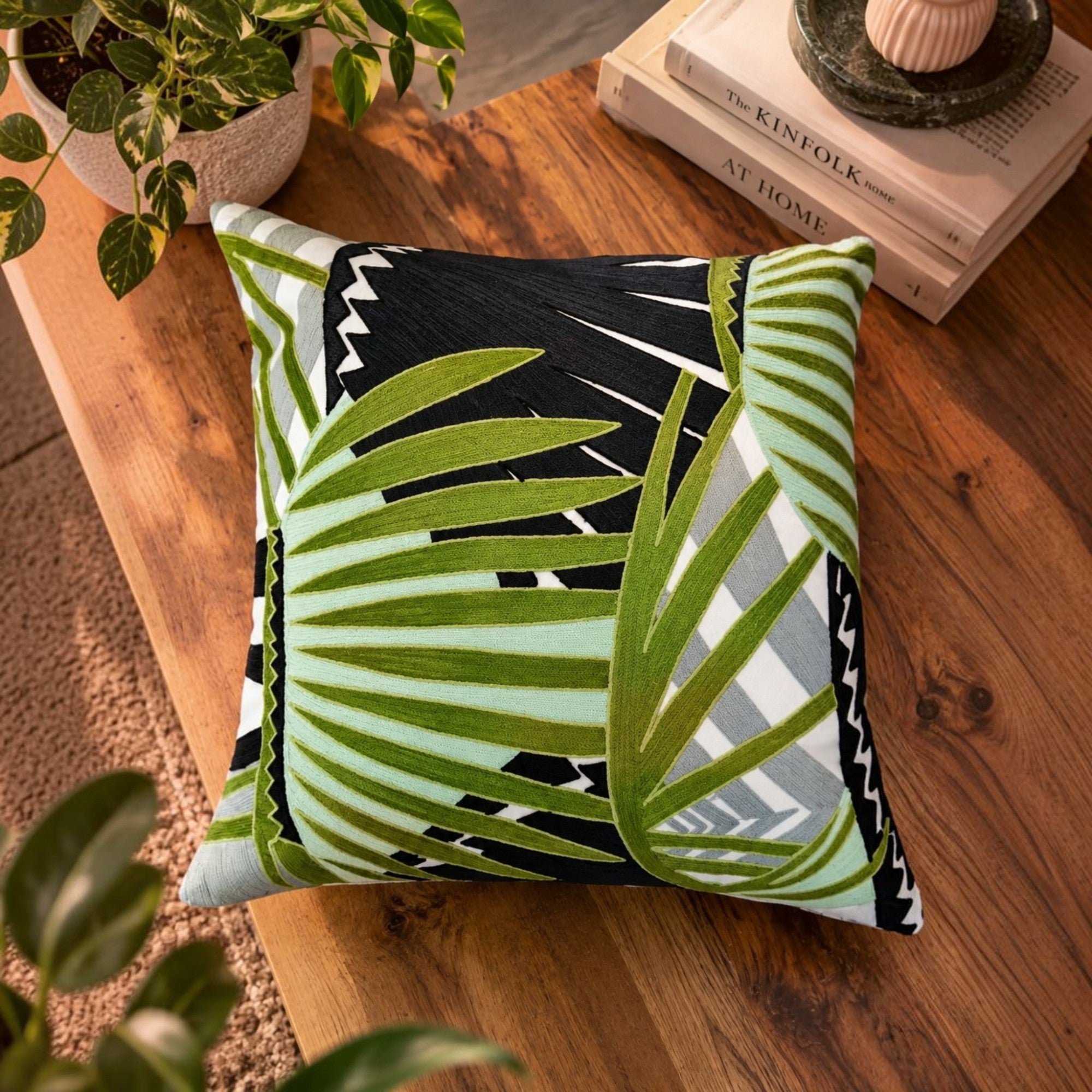 Tropical Leaves Embroidered Cushion Cover 50X50Cms