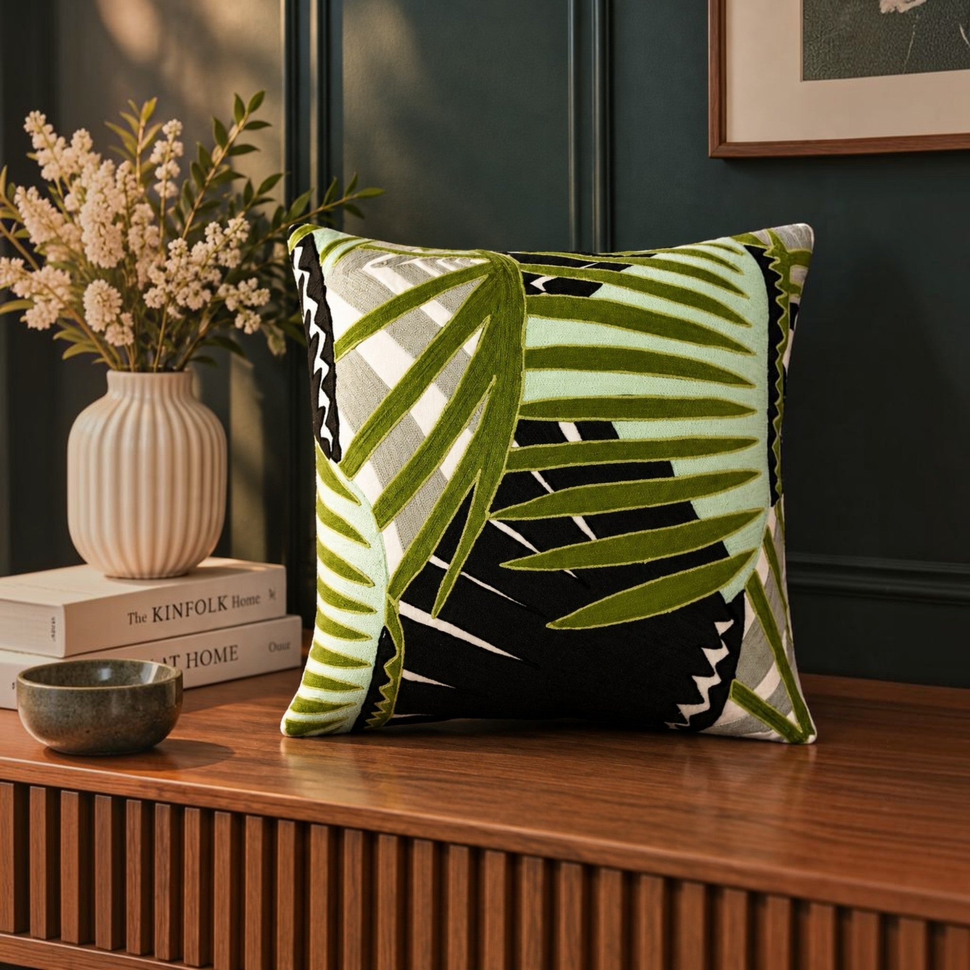 Tropical Leaves Embroidered Cushion Cover 50X50Cms