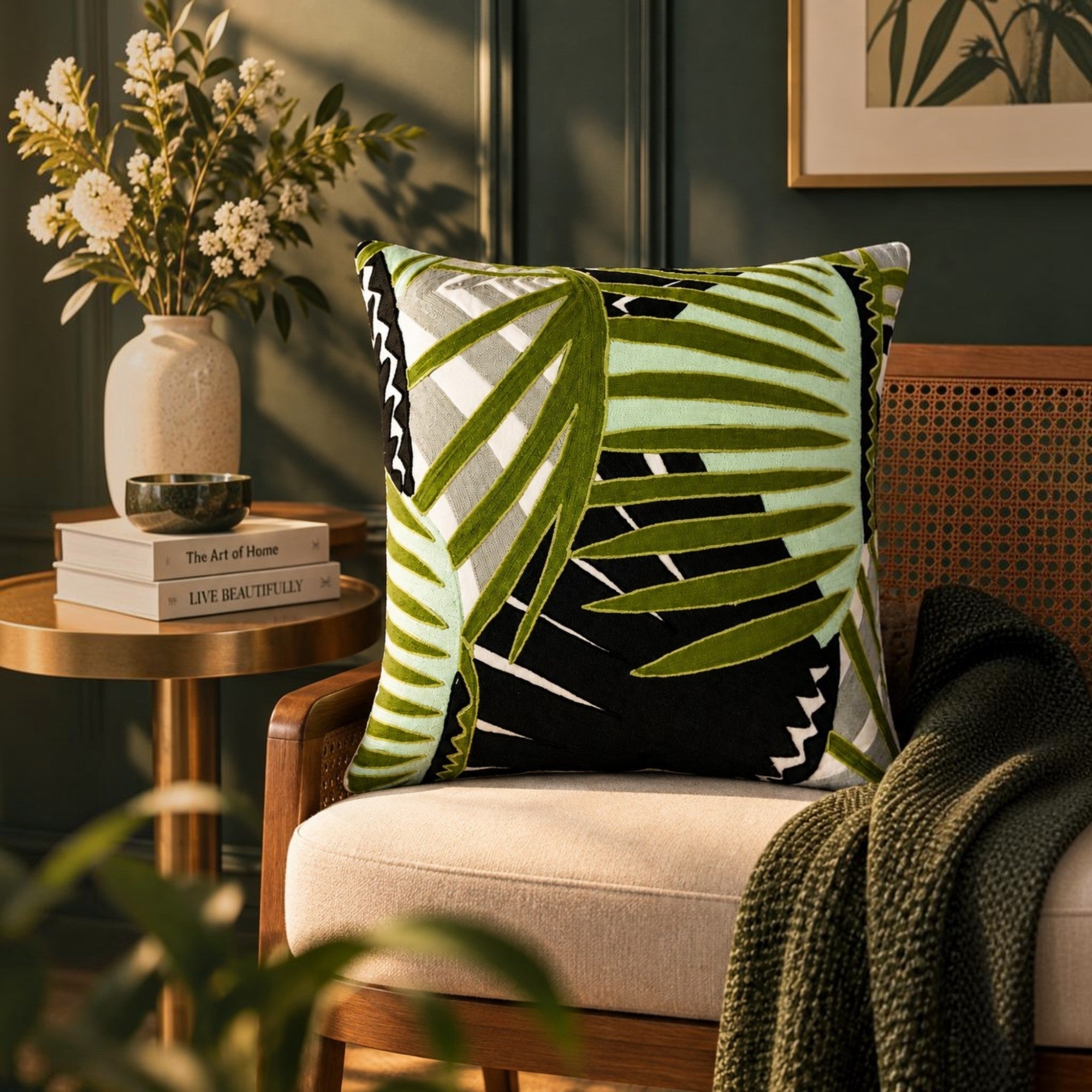 Tropical Leaves Embroidered Cushion Cover 50X50Cms