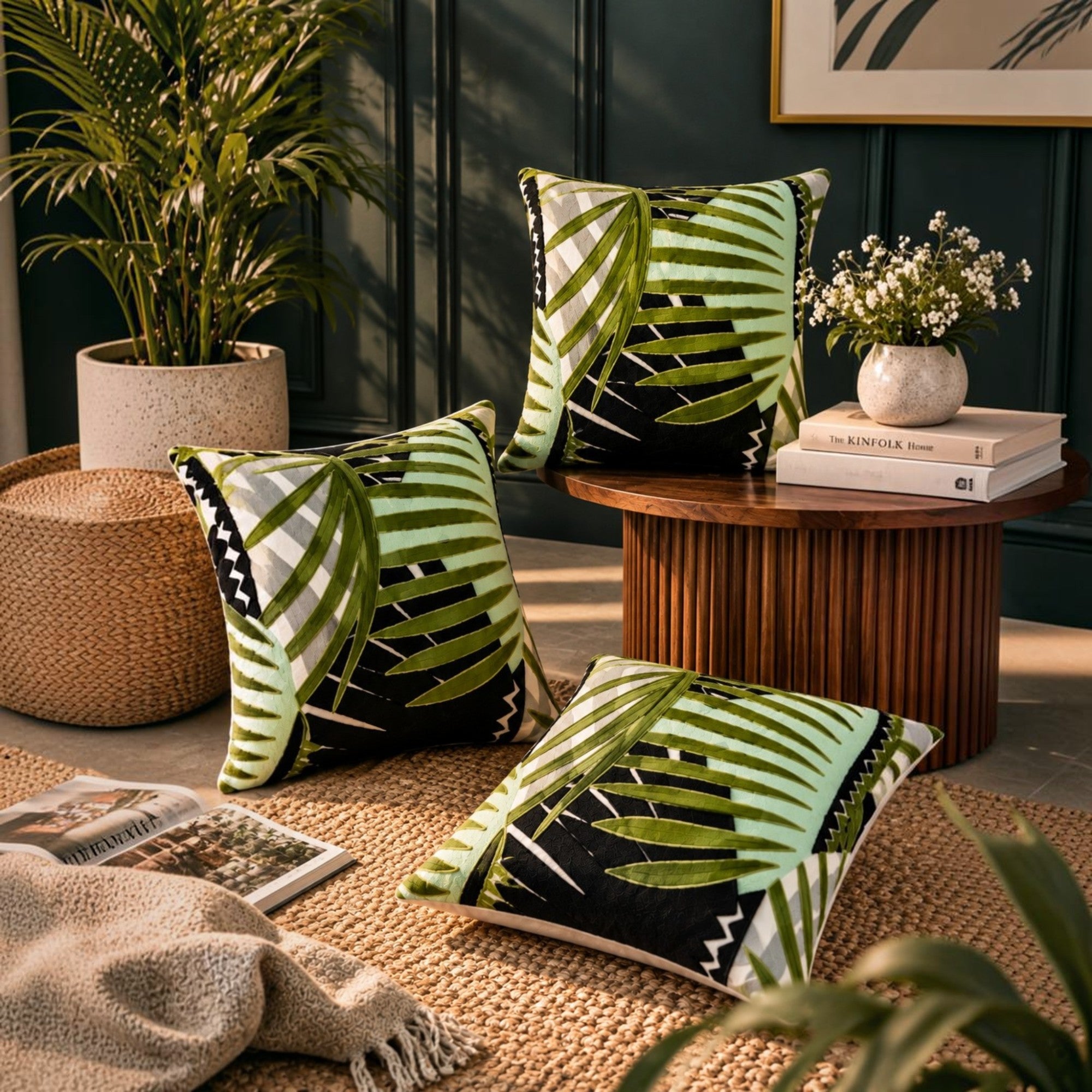 Tropical Leaves Embroidered Cushion Cover 50X50Cms