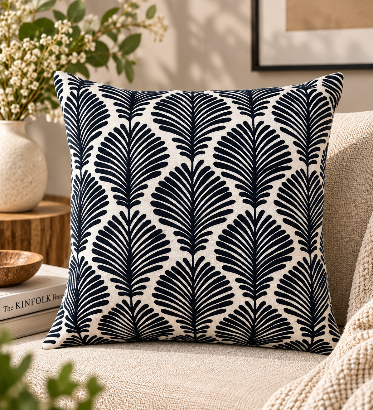 Blue Ferns Embroidered Cushion Cover 50X50Cms