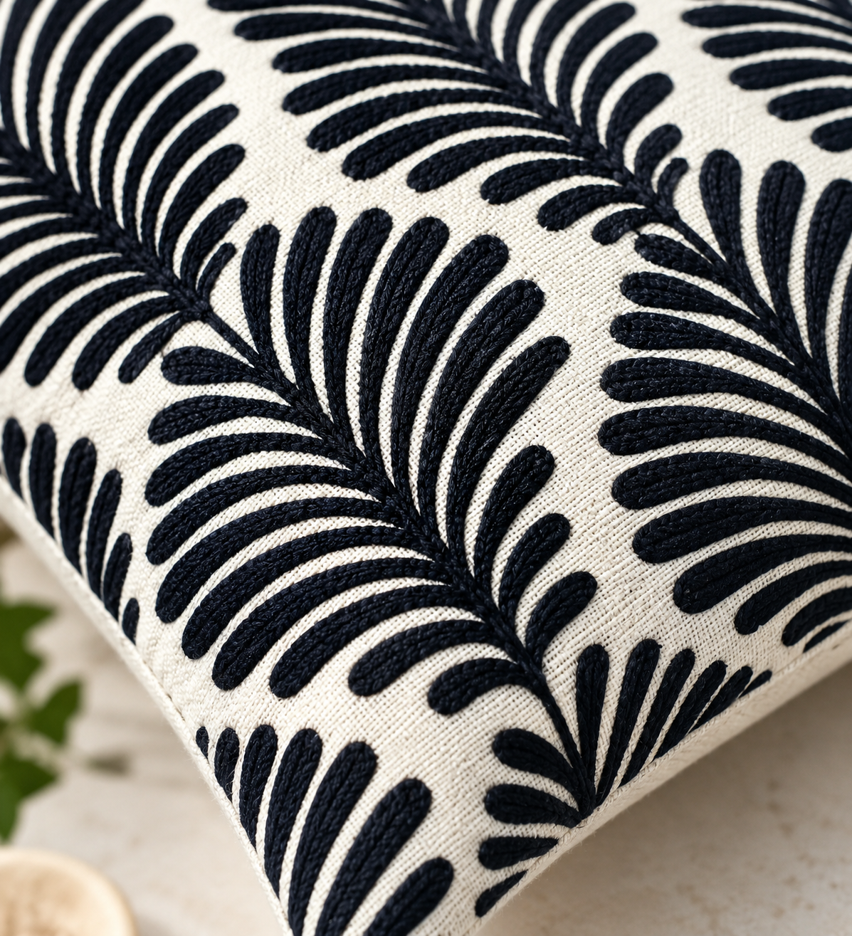 Blue Ferns Embroidered Cushion Cover 50X50Cms