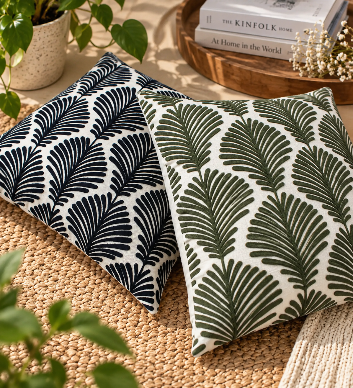 Blue Ferns Embroidered Cushion Cover 50X50Cms