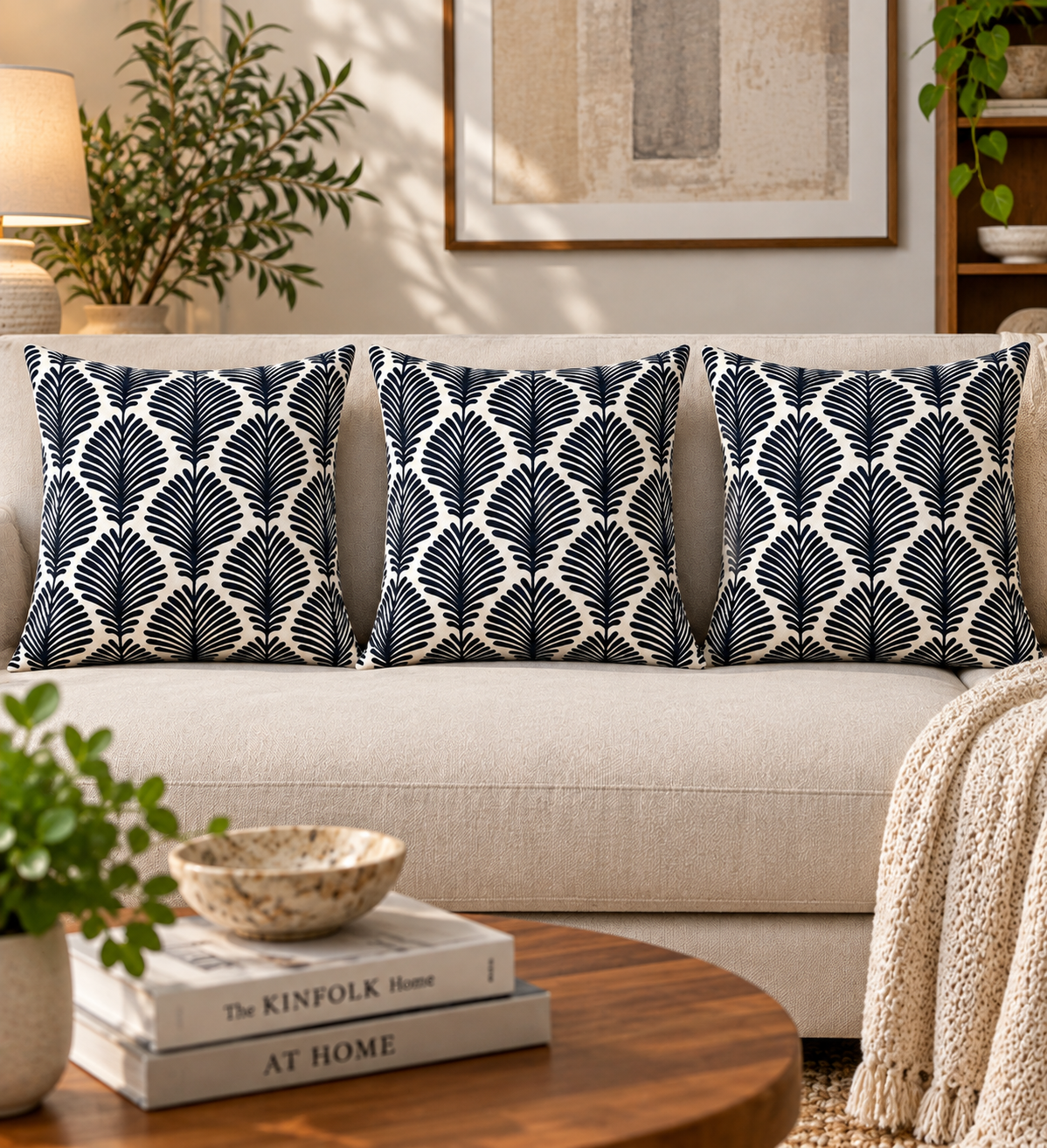 Blue Ferns Embroidered Cushion Cover 50X50Cms