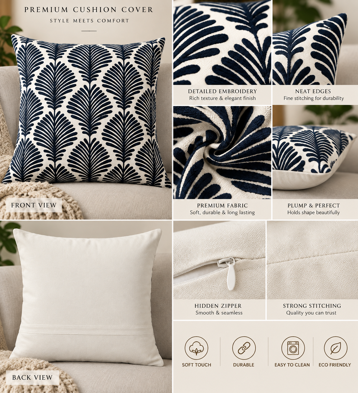 Blue Ferns Embroidered Cushion Cover 50X50Cms