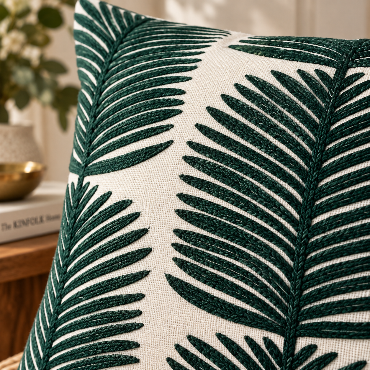 Embroidered Leaves Cotton Cushion Cover 50X50Cms