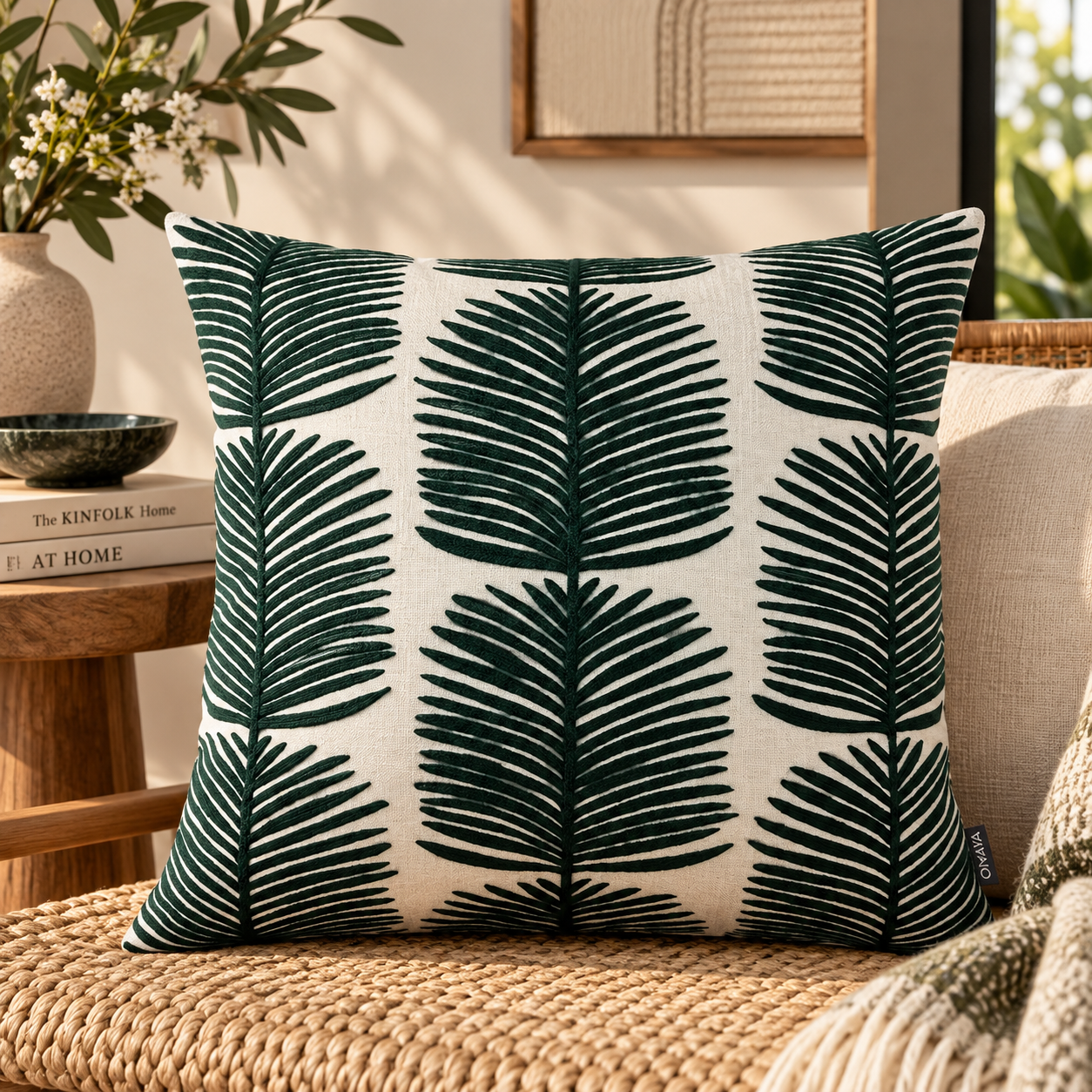 Embroidered Leaves Cotton Cushion Cover 50X50Cms