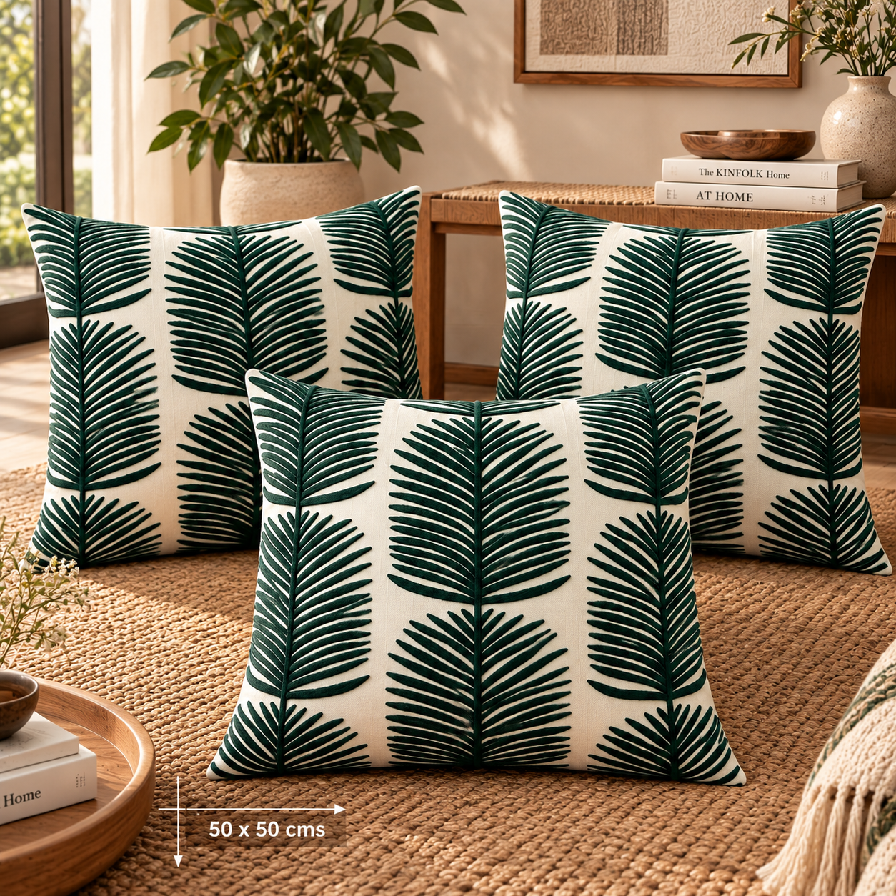 Embroidered Leaves Cotton Cushion Cover 50X50Cms