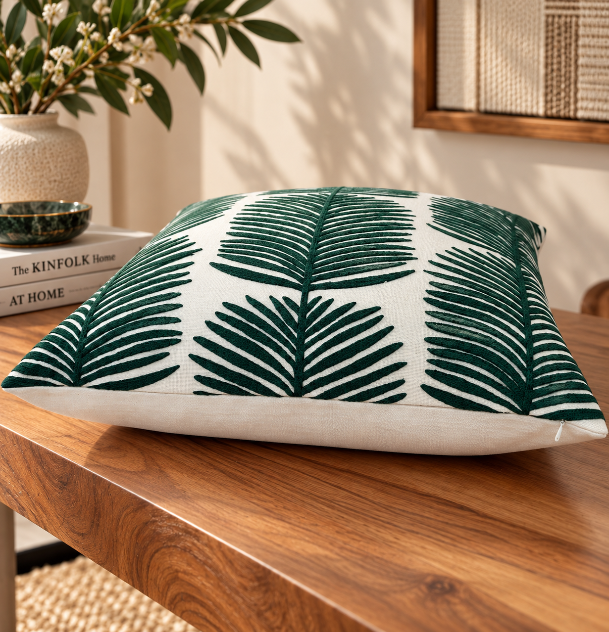 Embroidered Leaves Cotton Cushion Cover 50X50Cms