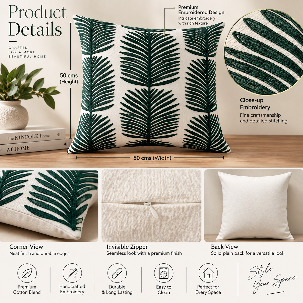 Embroidered Leaves Cotton Cushion Cover 50X50Cms