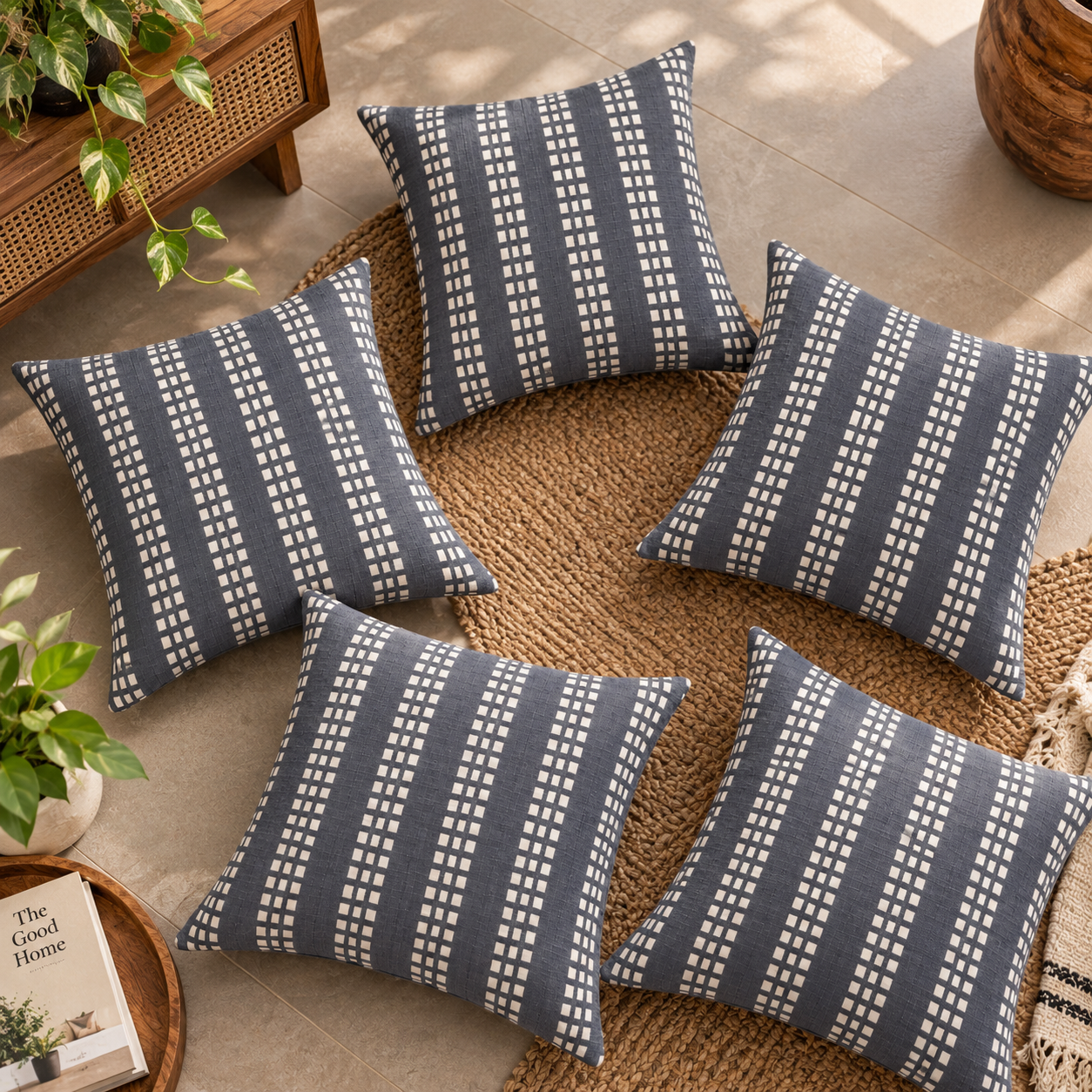 Geometrical Bagru Handblock Printed Cushion Cover 45X45 Cms (Dark Grey)