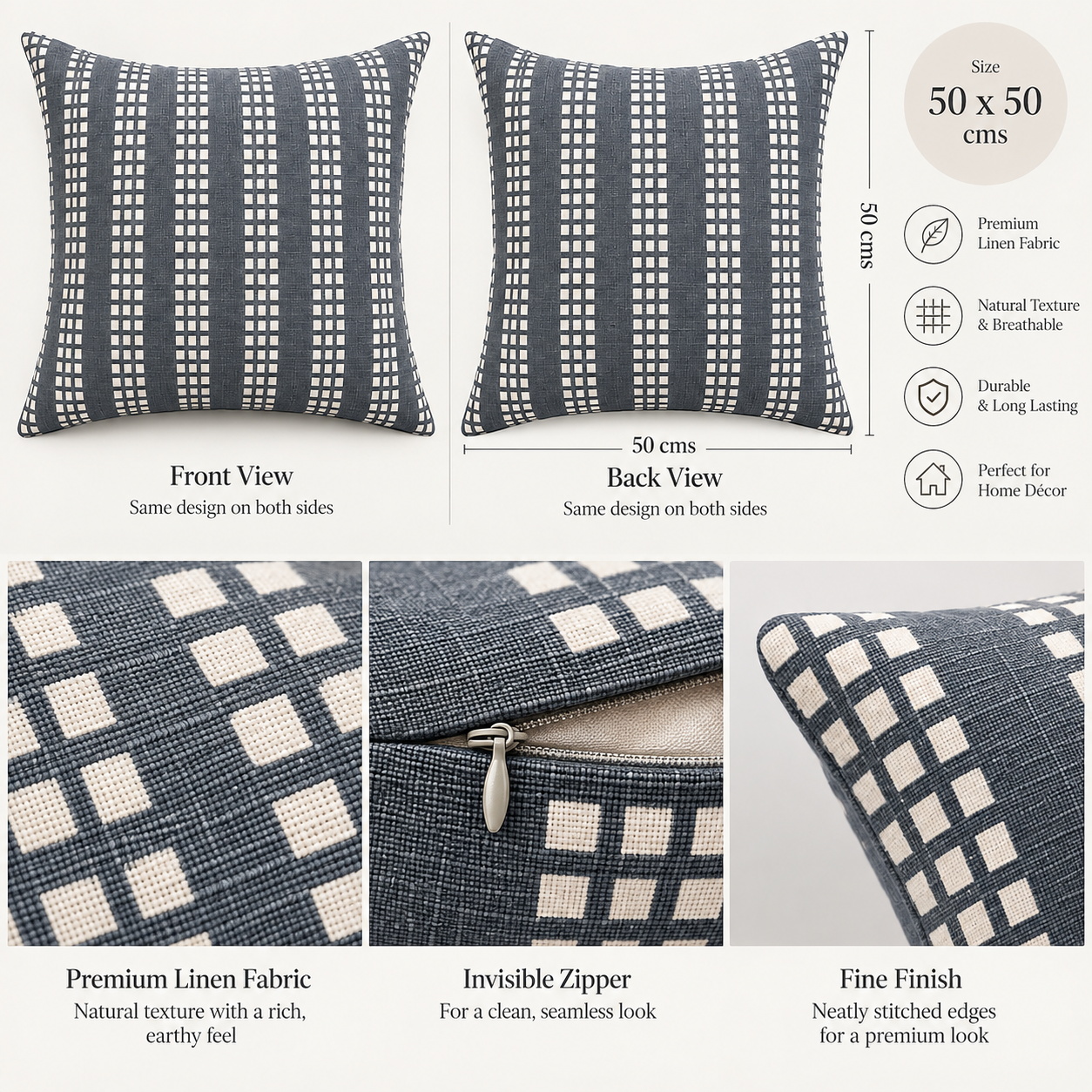 Geometrical Bagru Handblock Printed Cushion Cover 45X45 Cms (Dark Grey)
