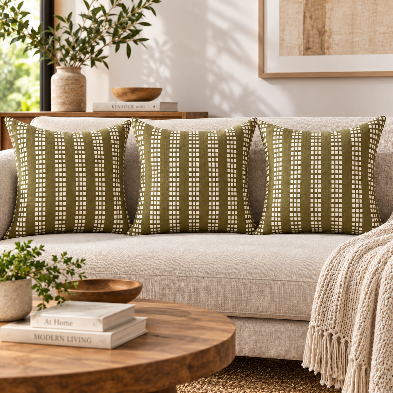 Geometrical Bagru Handblock Printed Cushion Cover 45X45 Cms (Olive Green)