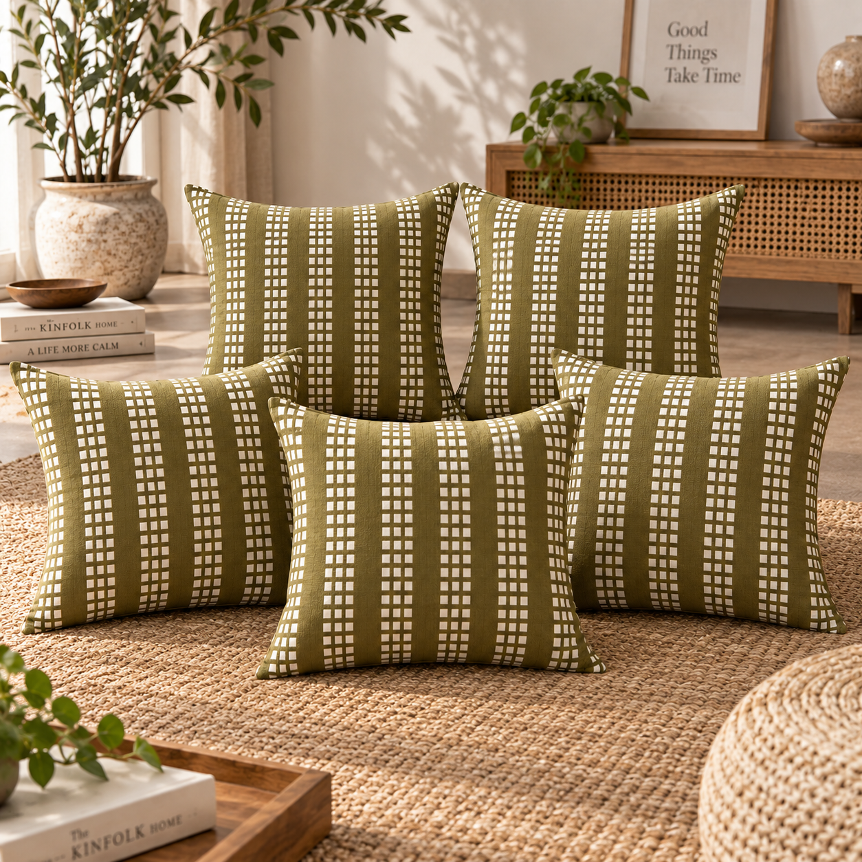 Geometrical Bagru Handblock Printed Cushion Cover 45X45 Cms (Olive Green)