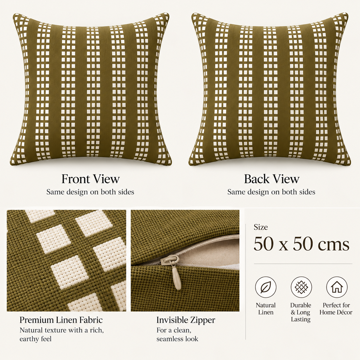 Geometrical Bagru Handblock Printed Cushion Cover 45X45 Cms (Olive Green)