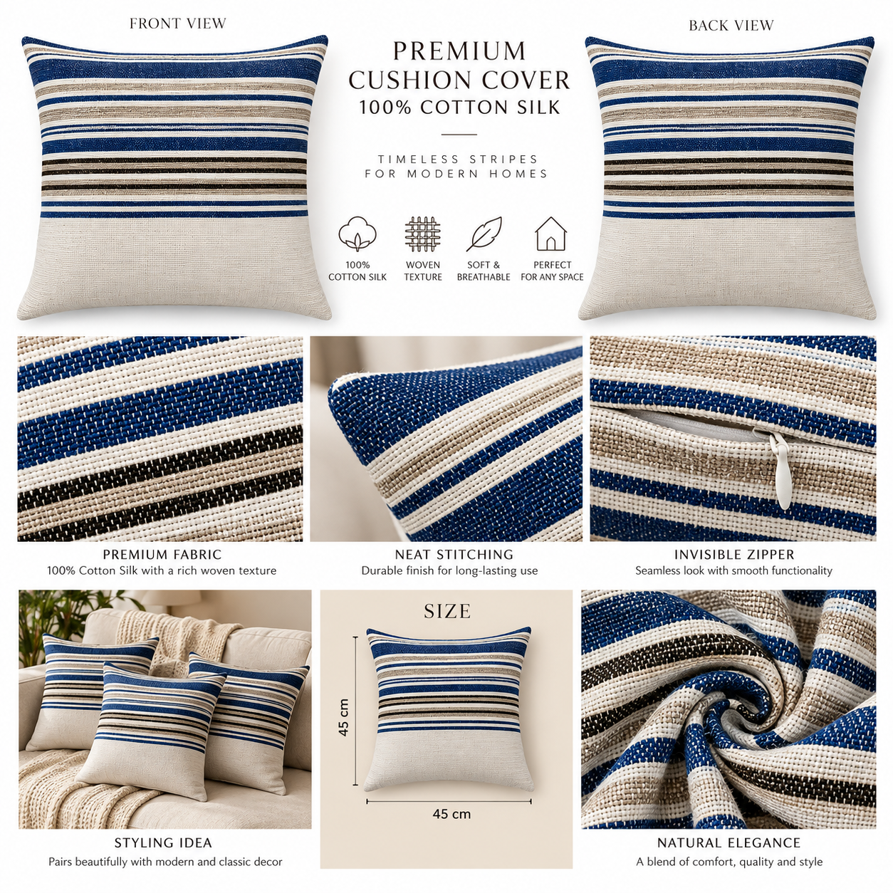 Handloom Woven Blue Striped Cushion Cove 45X45 Cms