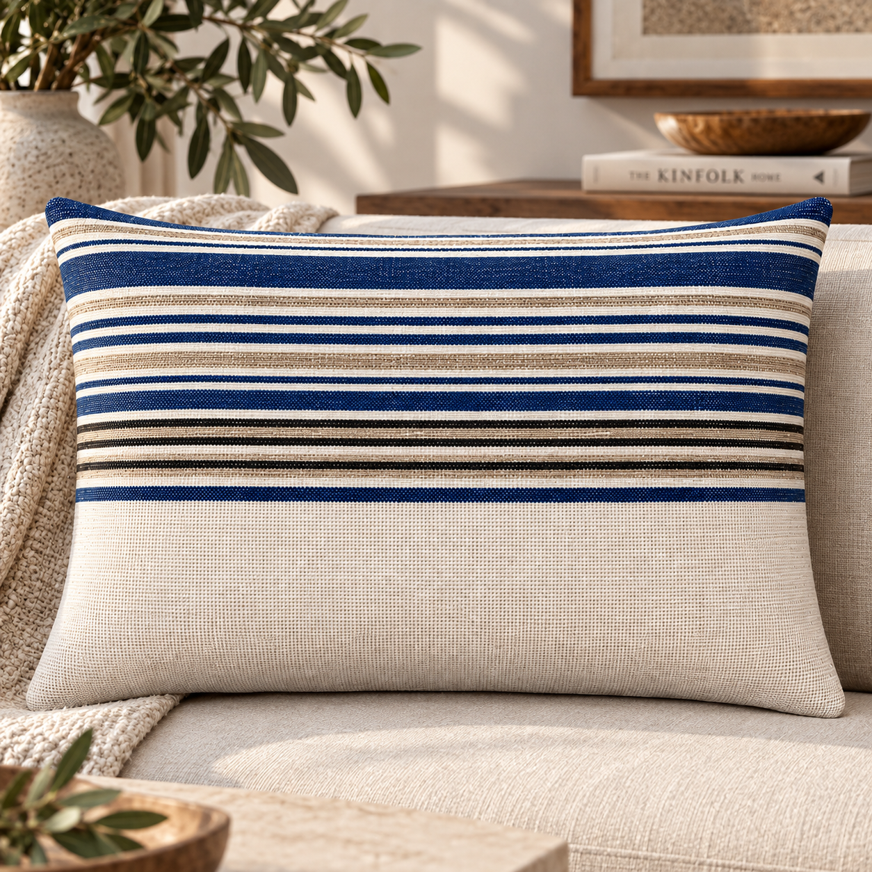 Handloom Woven Blue Striped Cushion Cover 30X50 Cms