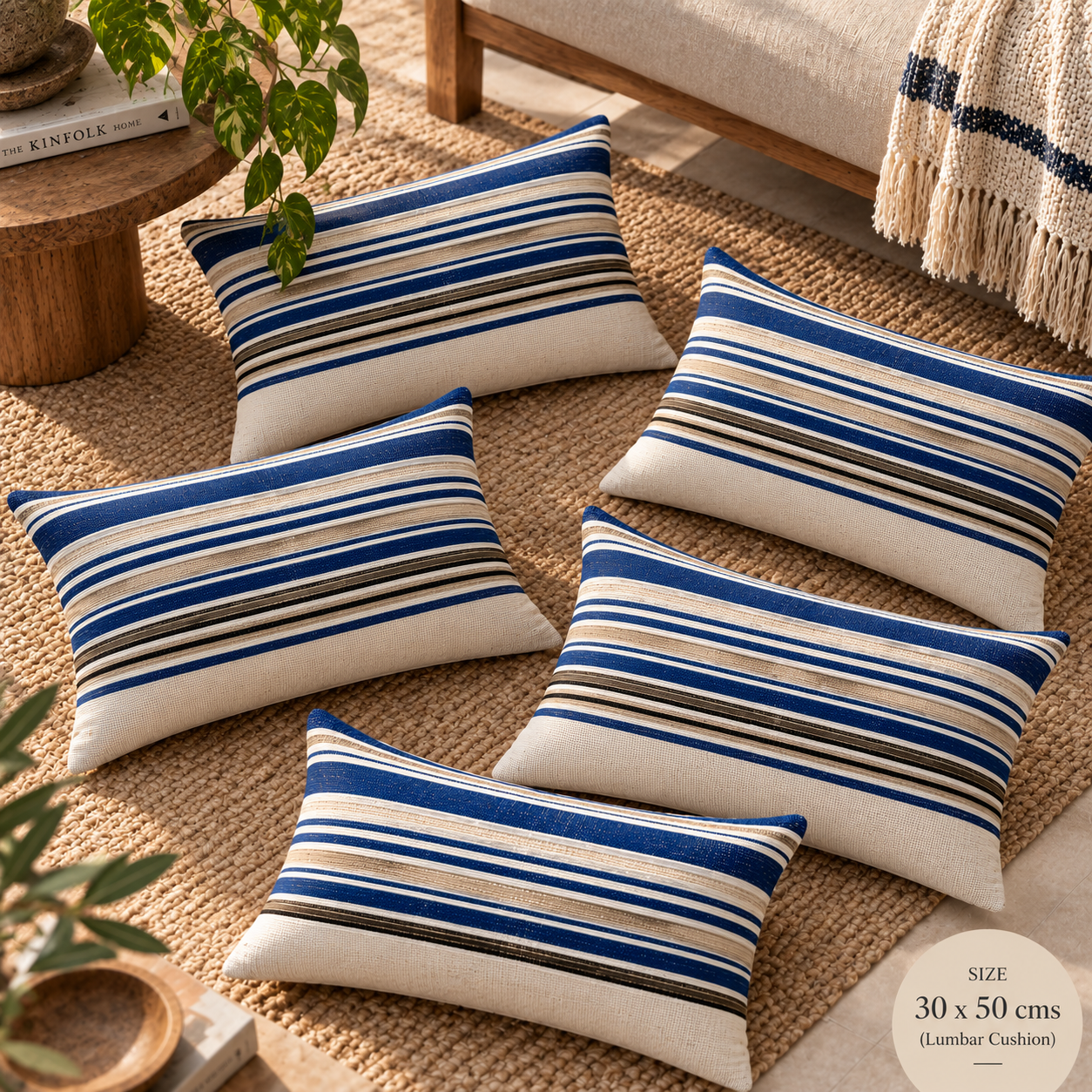 Handloom Woven Blue Striped Cushion Cover 30X50 Cms