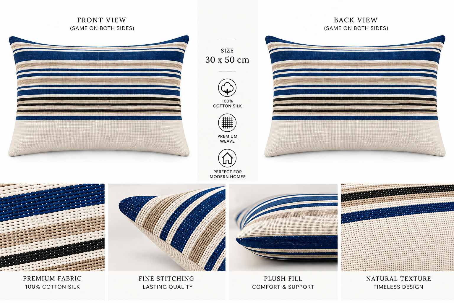 Handloom Woven Blue Striped Cushion Cover 30X50 Cms