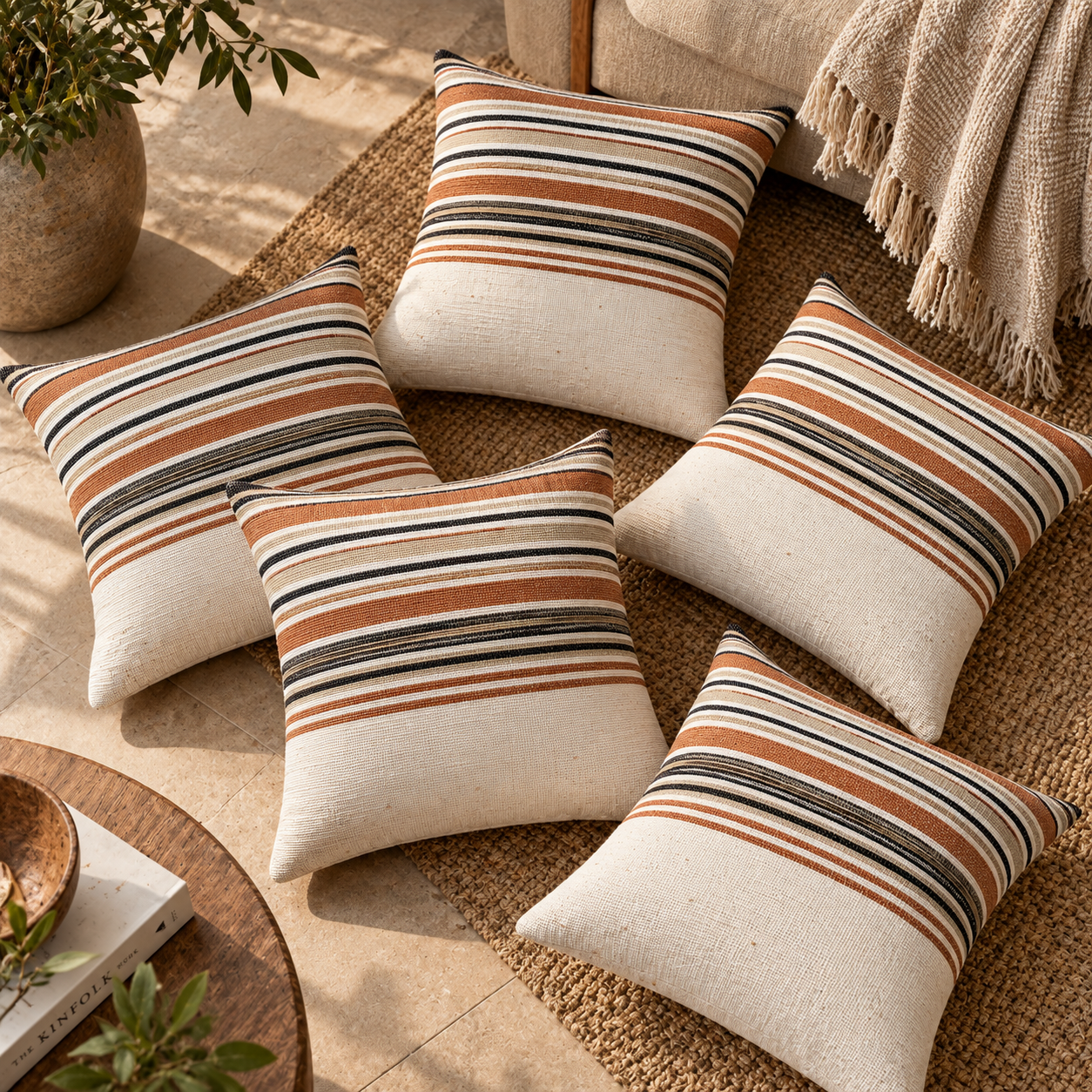 Handloom Woven Rust red Striped Cushion Cover 45X45 Cms