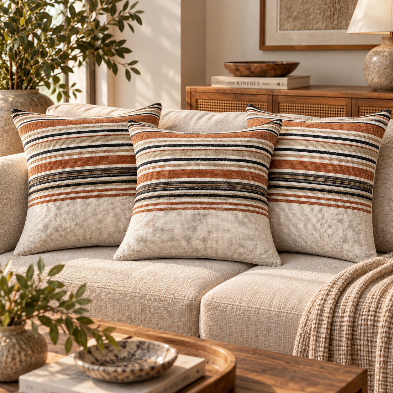 Handloom Woven Rust red Striped Cushion Cover 45X45 Cms
