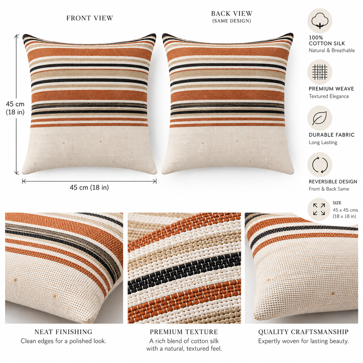 Handloom Woven Rust red Striped Cushion Cover 45X45 Cms