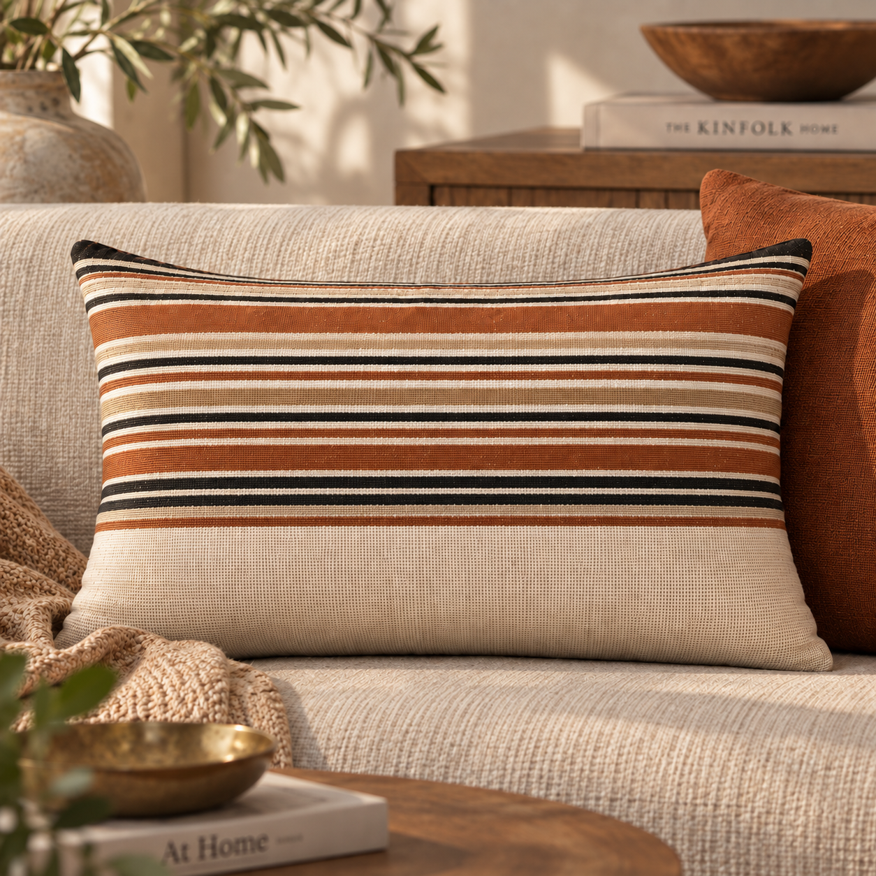 Handloom Woven Rust red Striped Cushion Cover 30X50 Cms