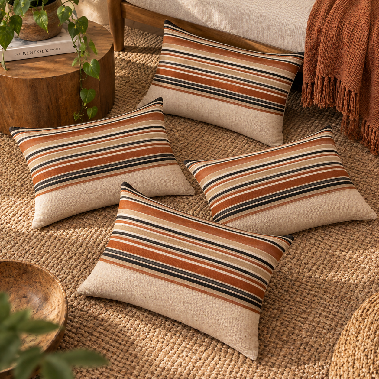 Handloom Woven Rust red Striped Cushion Cover 30X50 Cms