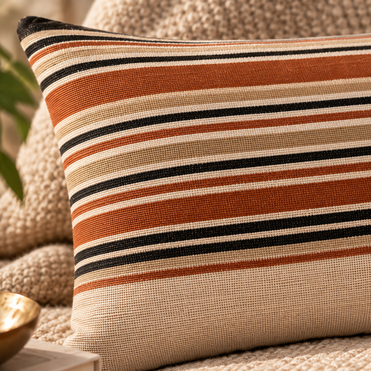Handloom Woven Rust red Striped Cushion Cover 30X50 Cms