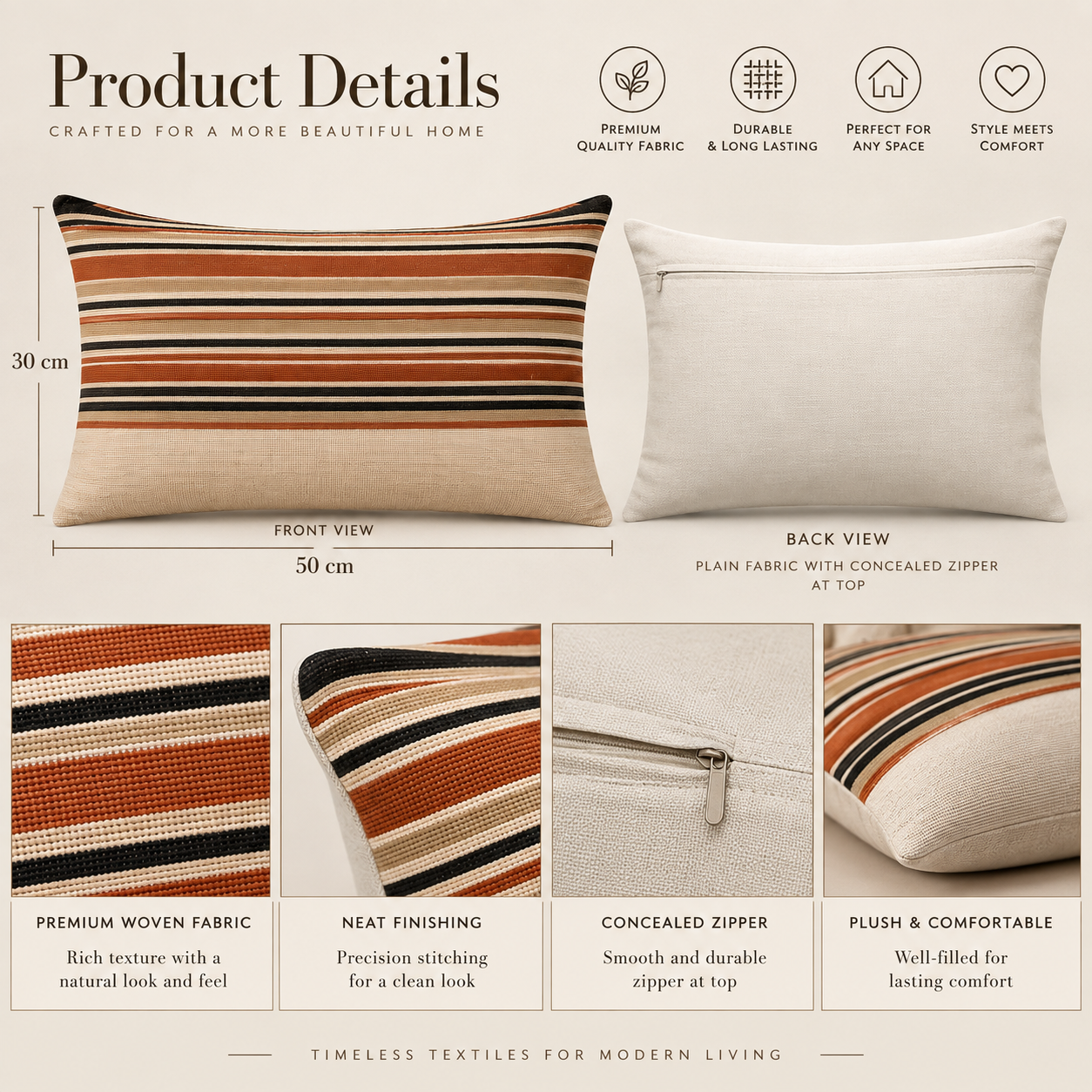 Handloom Woven Rust red Striped Cushion Cover 30X50 Cms