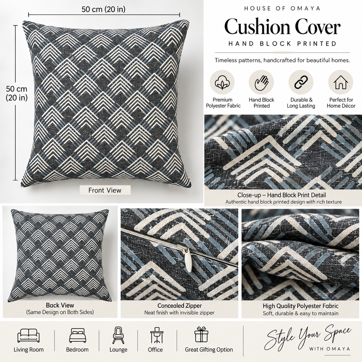 Geometrical Bagru Handblock Printed Cushion Cover 50X50 Cms