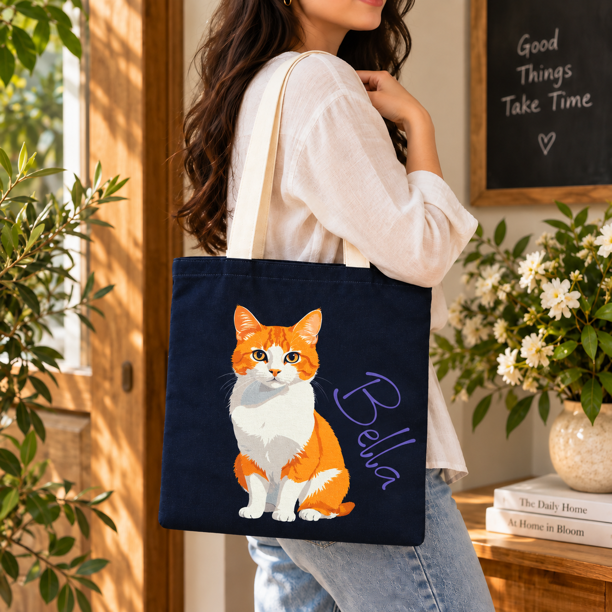 Bella Cat Printed Cotton Canvas Tote Bag – 36 × 40 cm