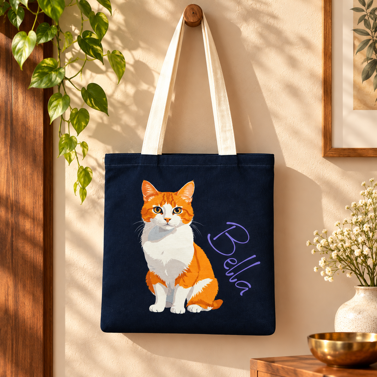 Bella Cat Printed Cotton Canvas Tote Bag – 36 × 40 cm